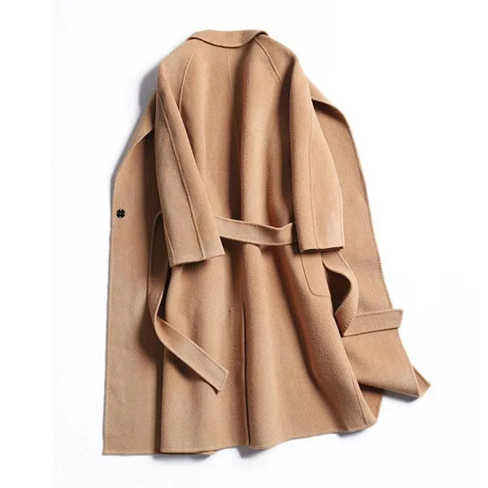 Free Shipping Camel Cashmere Wool Trench Overcoat Womens