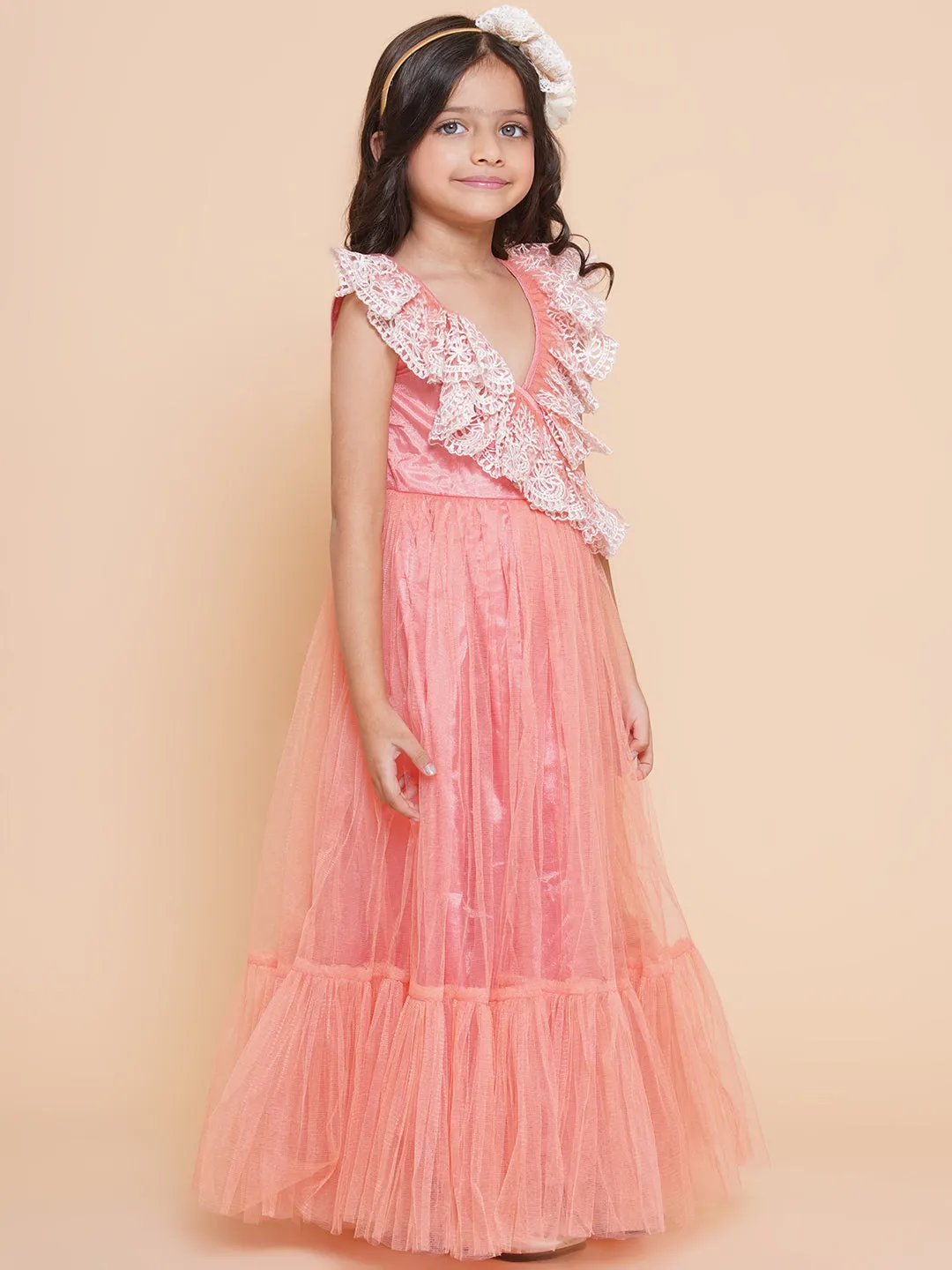 Girls Peach Net Embroidered Frill Gown