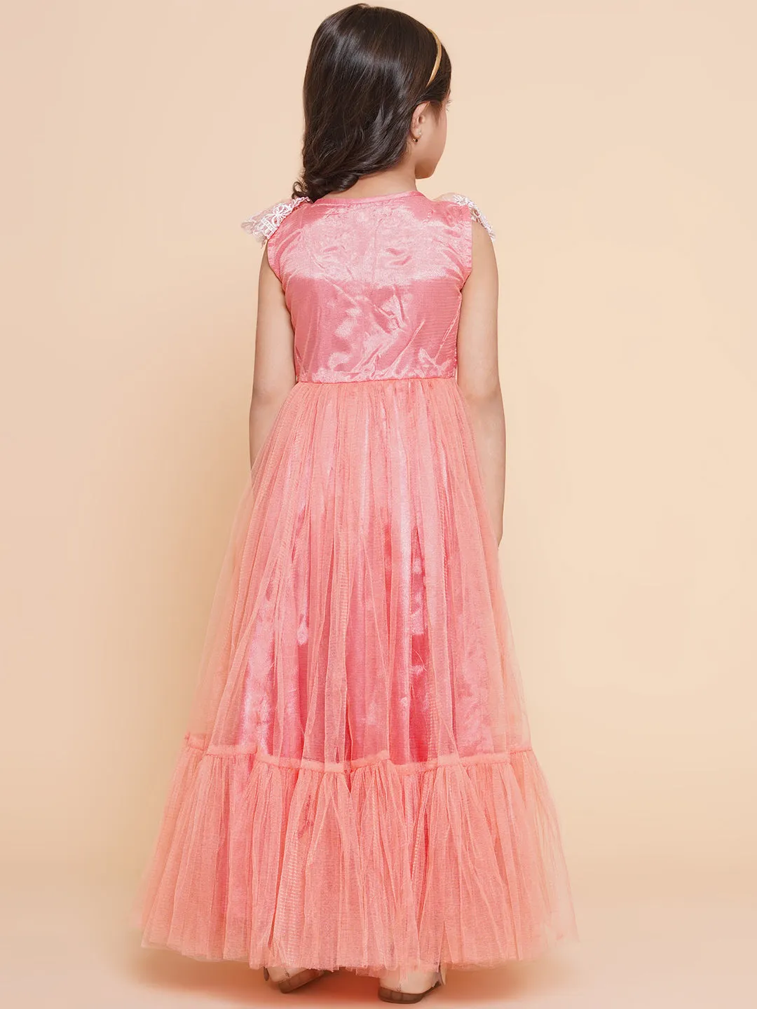 Girls Peach Net Embroidered Frill Gown