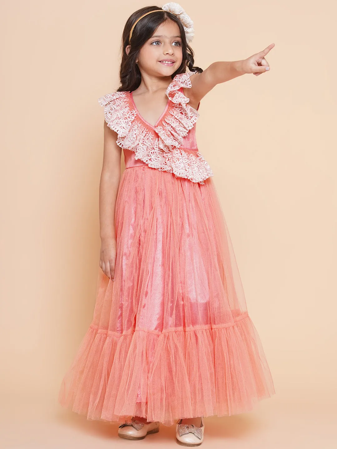 Girls Peach Net Embroidered Frill Gown