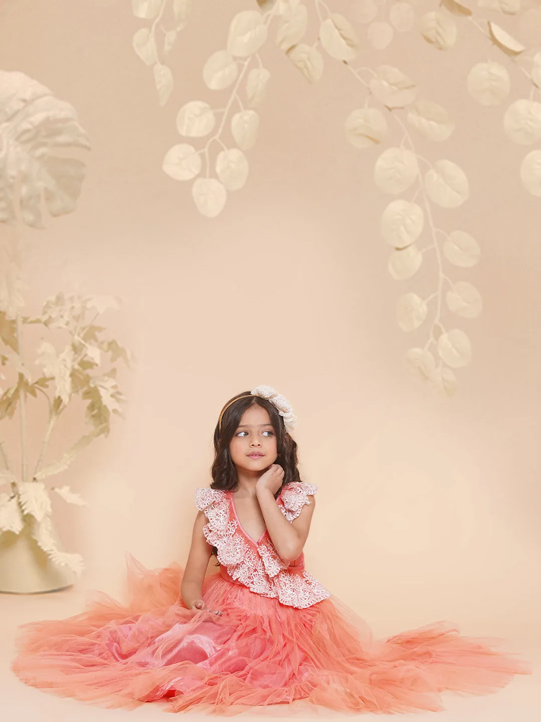 Girls Peach Net Embroidered Frill Gown