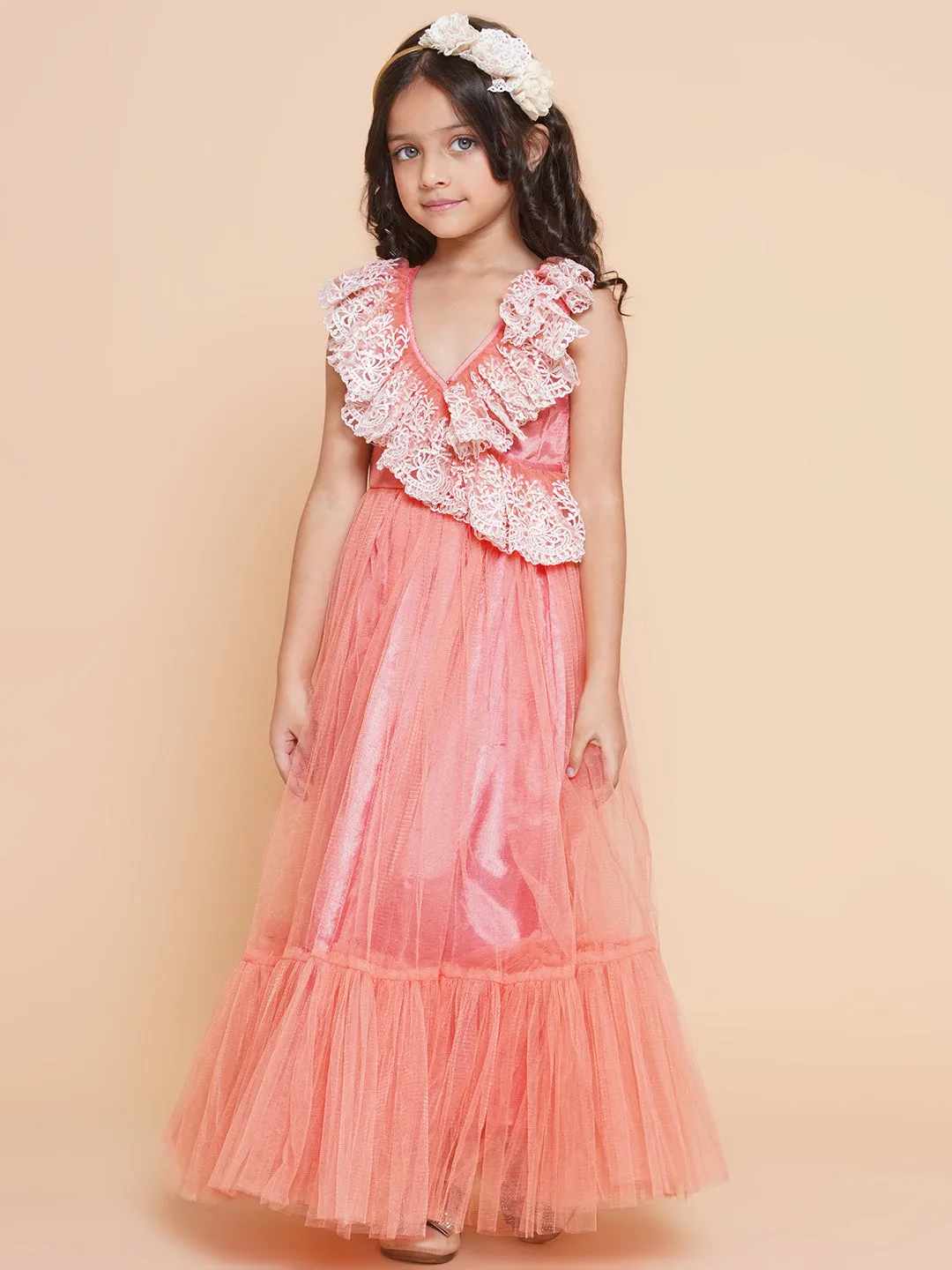 Girls Peach Net Embroidered Frill Gown