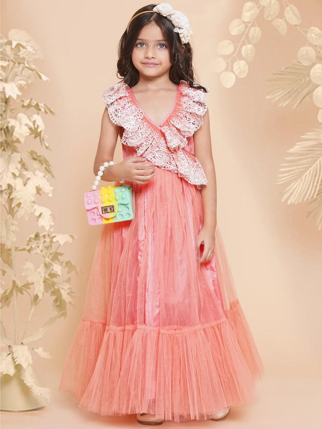 Girls Peach Net Embroidered Frill Gown