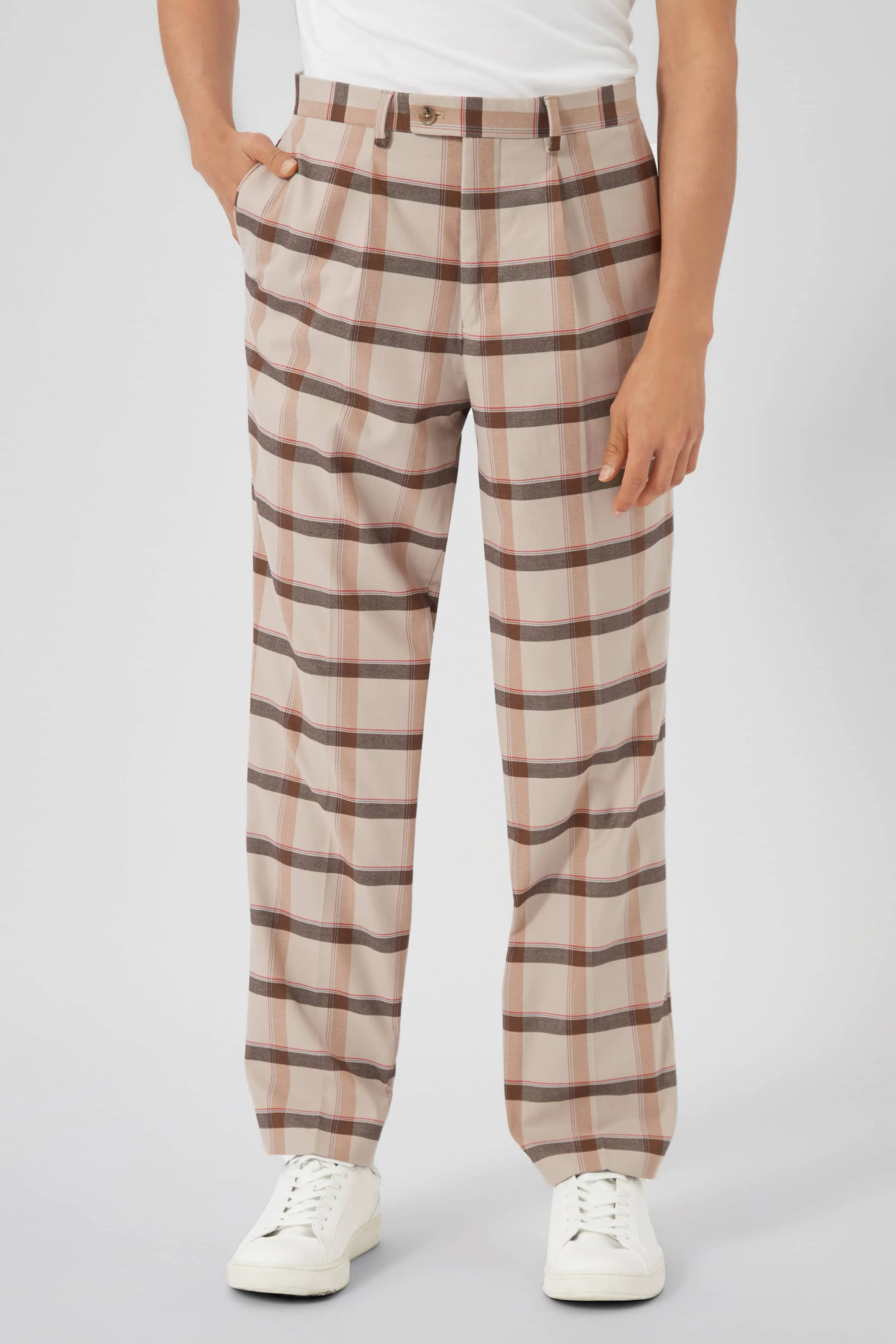 Giroud Oversized Beige Check Cotton Trousers - ARCHIVE