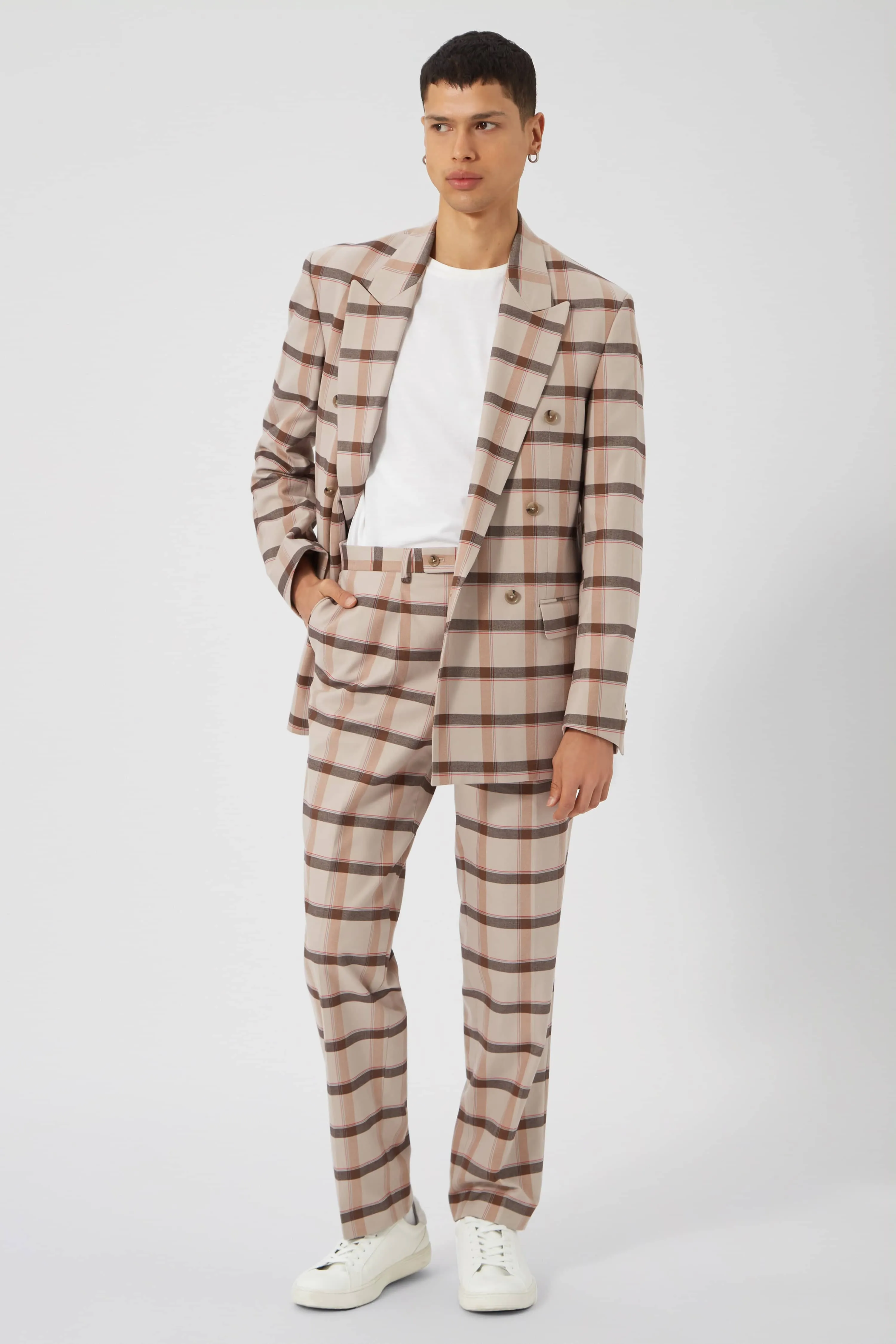 Giroud Oversized Beige Check Cotton Trousers - ARCHIVE