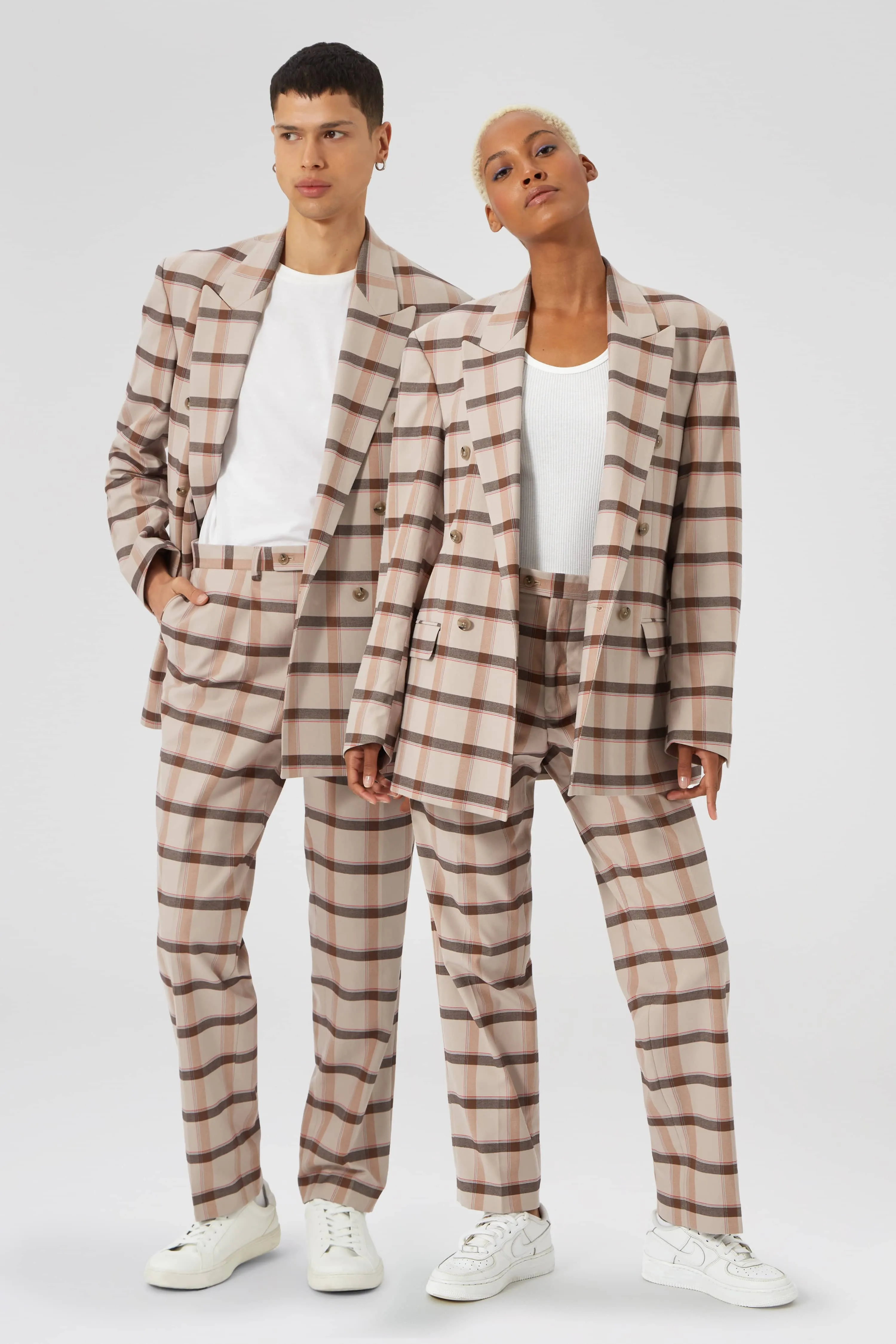 Giroud Oversized Beige Check Cotton Trousers - ARCHIVE