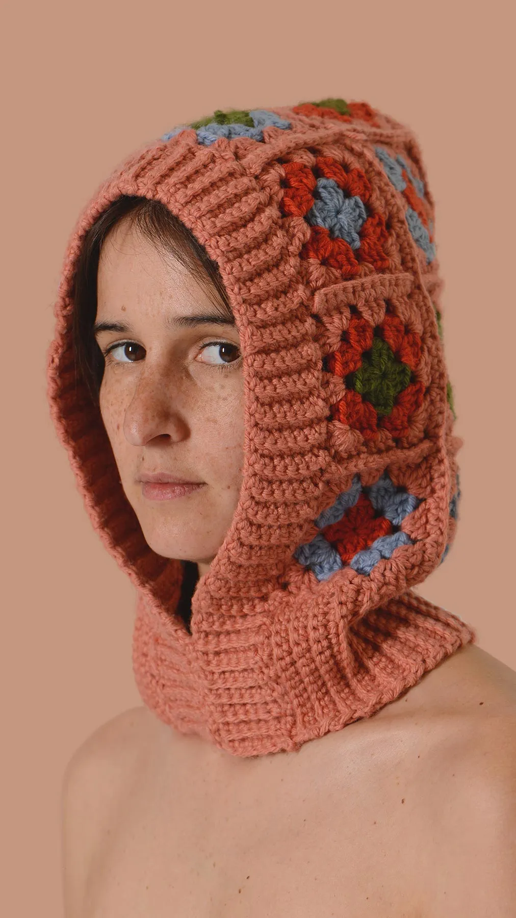 Hand Knitted Granny Squares Head Balaclava - Pink