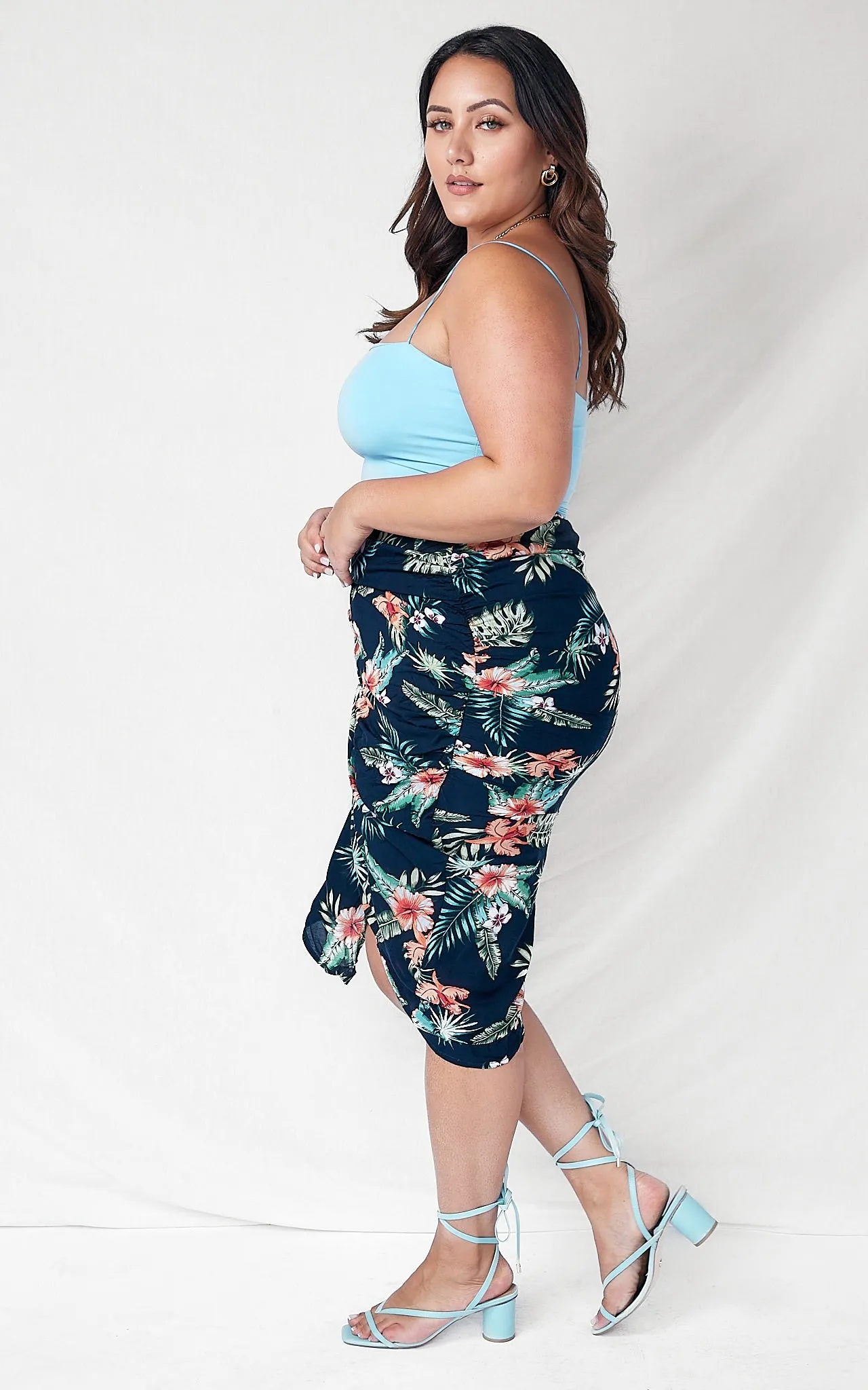 Havana Wrap Midi Skirt - Navy Tropical