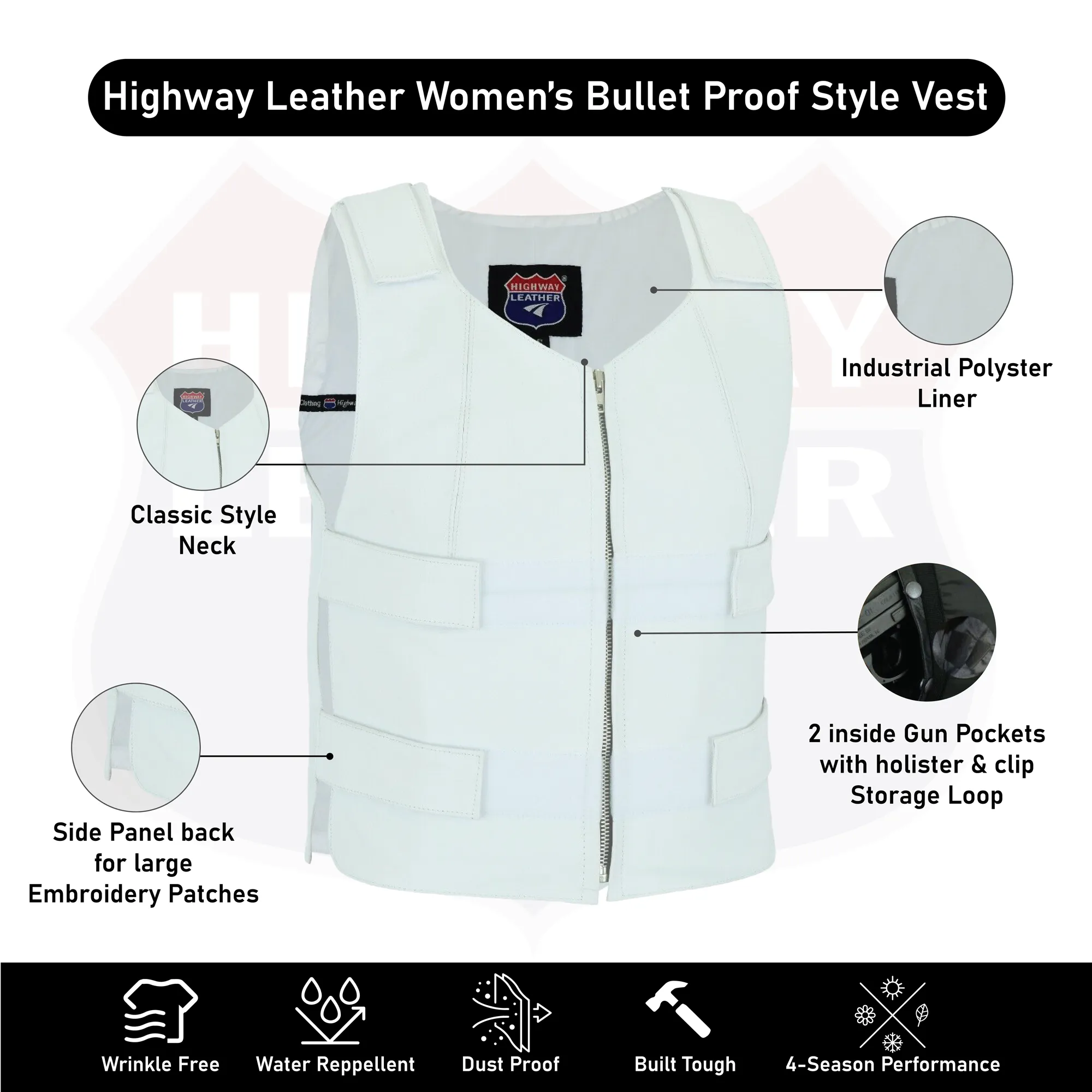 HL14945White Women White Bullet proof style leather Vest for Biker club