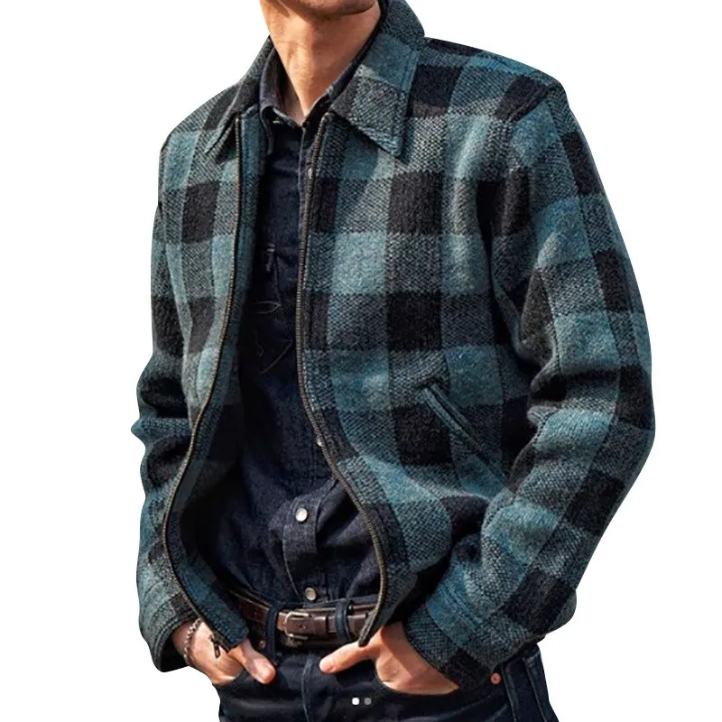 Ilooove - Men's Coat 2020 male zipper Jogging workout Warm Autumn Winter Plaid Coat Casual Plaid Turn-down Collar Windproof Overcoat