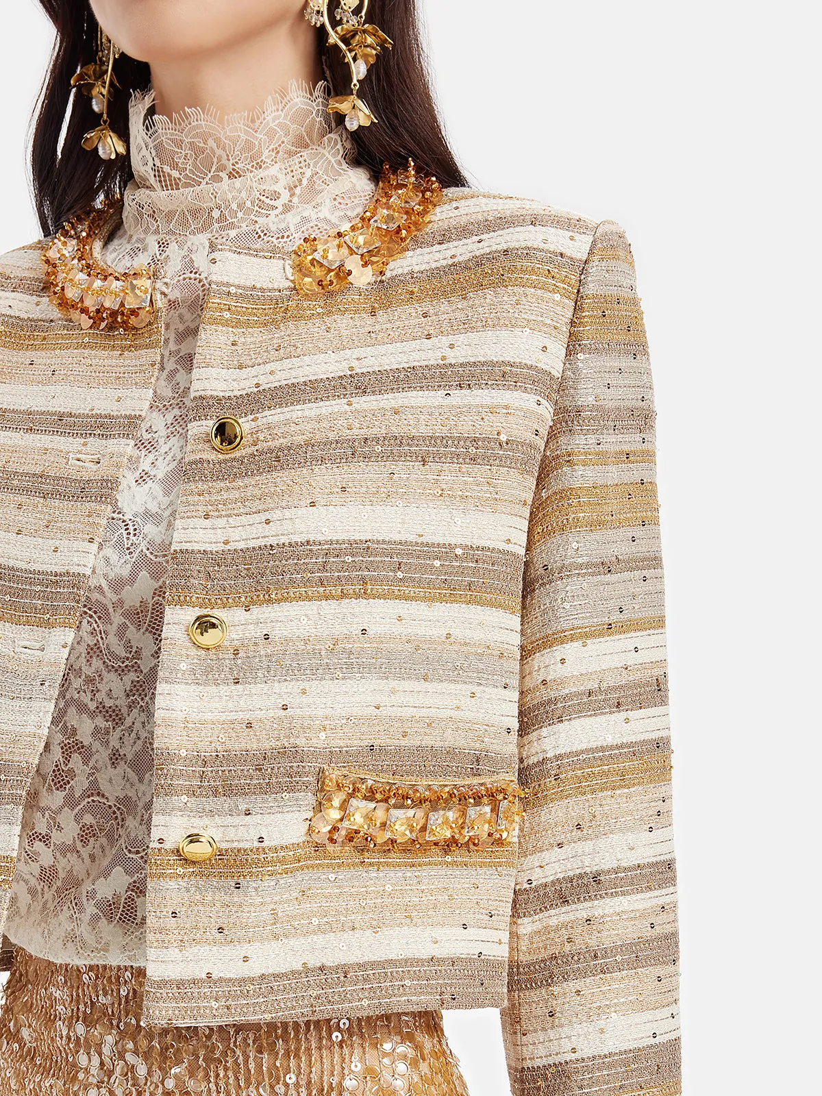 Jacquard Beaded Metallic Tweed Coat