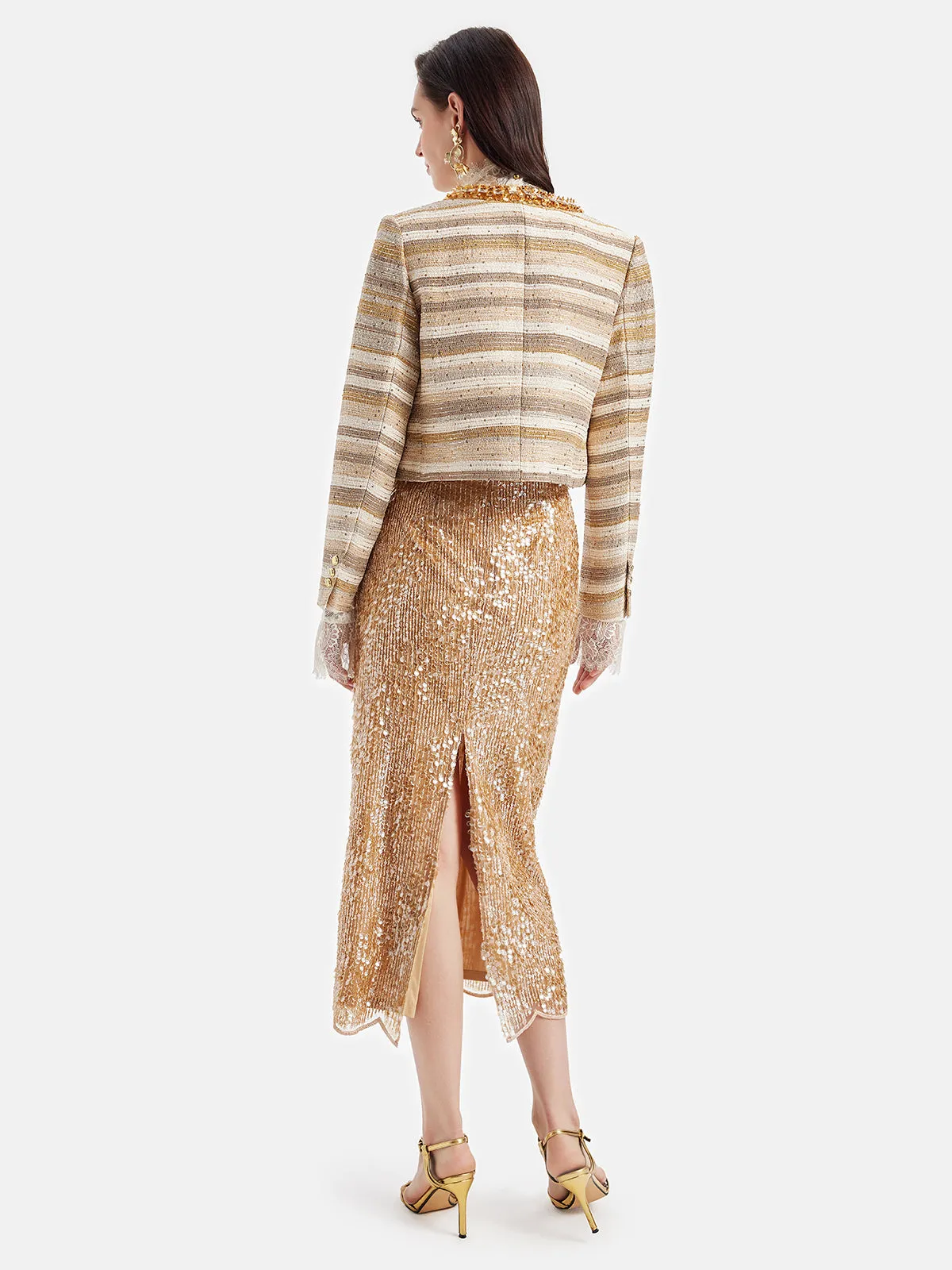 Jacquard Beaded Metallic Tweed Coat