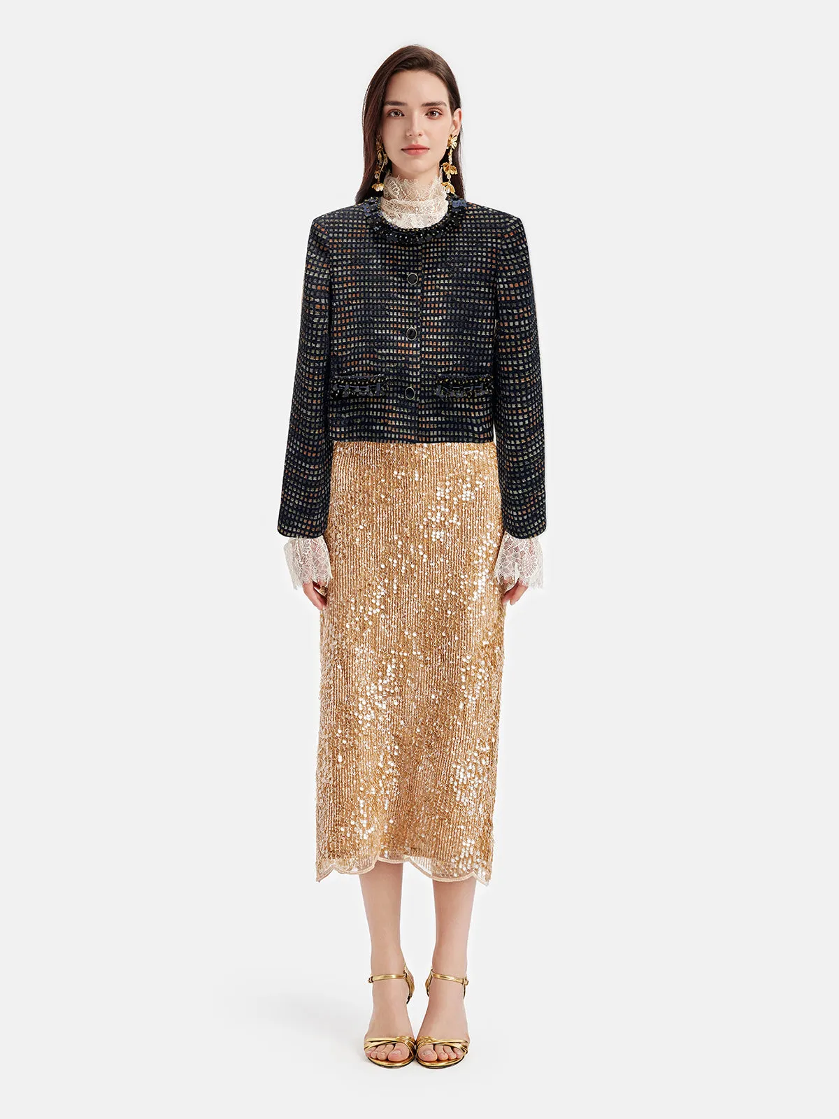 Jacquard Beaded Metallic Tweed Coat