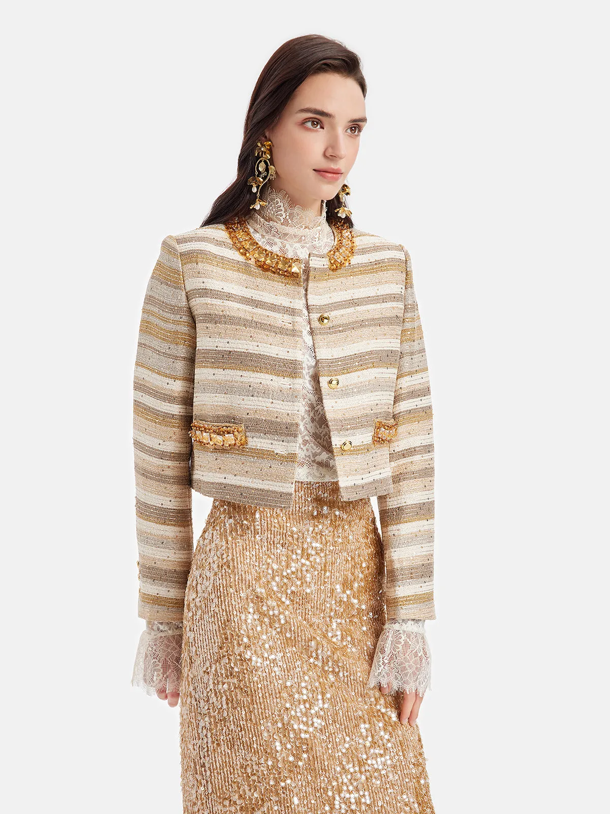 Jacquard Beaded Metallic Tweed Coat