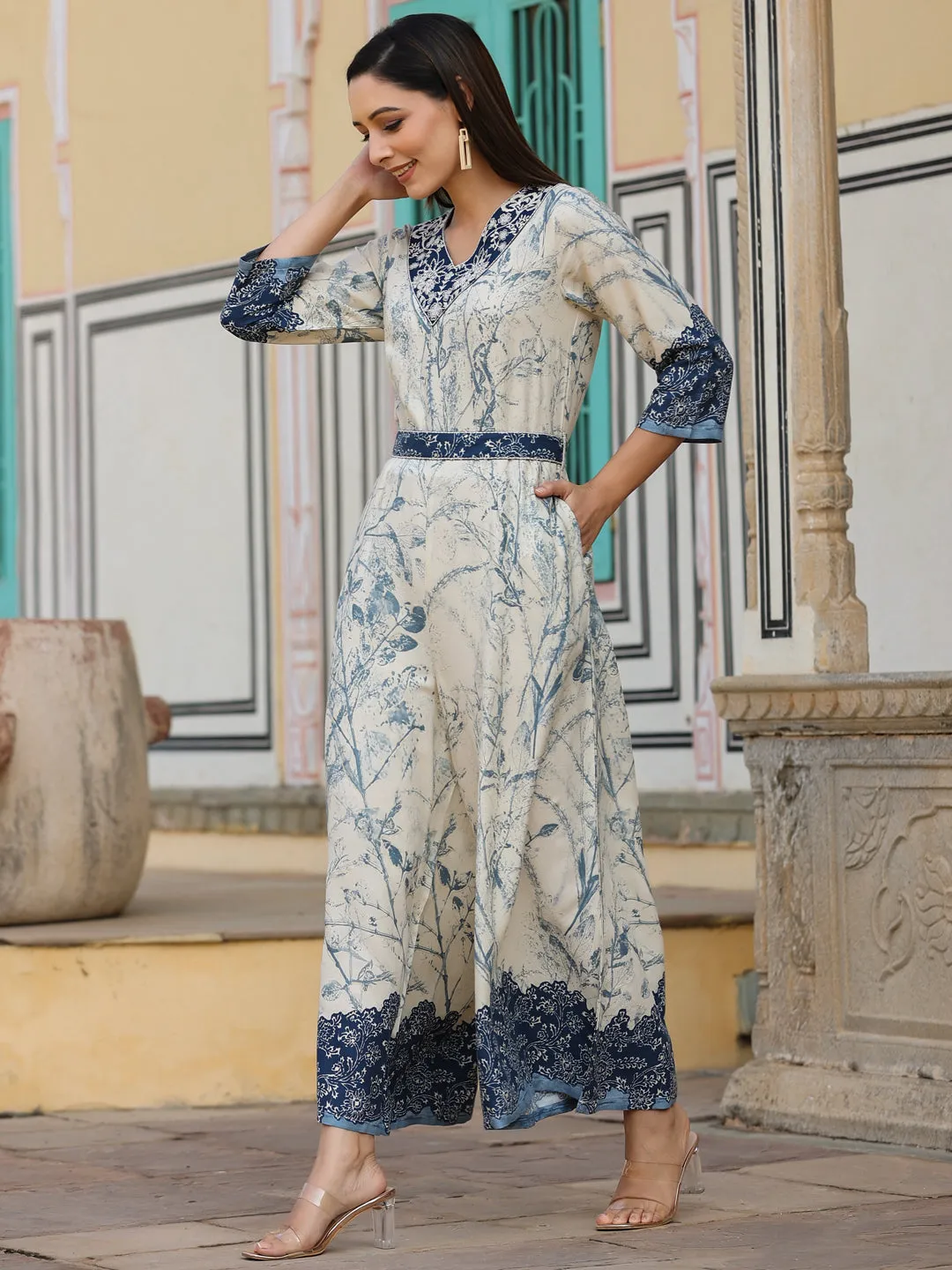 Jashvi Off-White Floral Printed Rayon Jumpsuit With Thread Embroidery