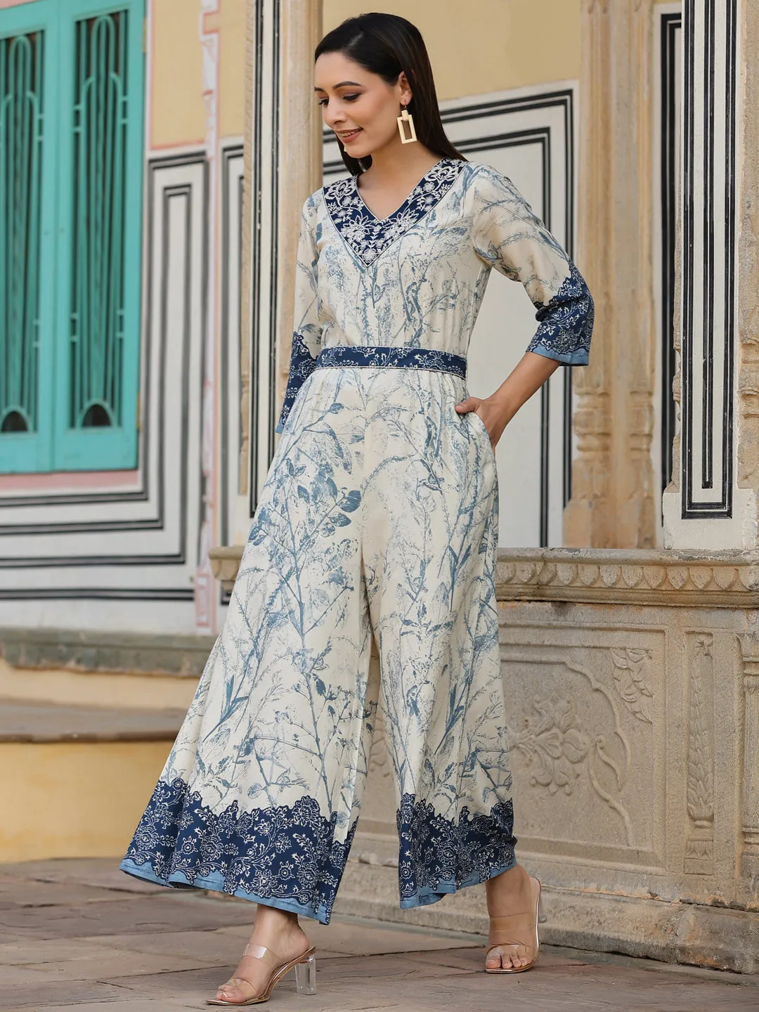 Jashvi Off-White Floral Printed Rayon Jumpsuit With Thread Embroidery