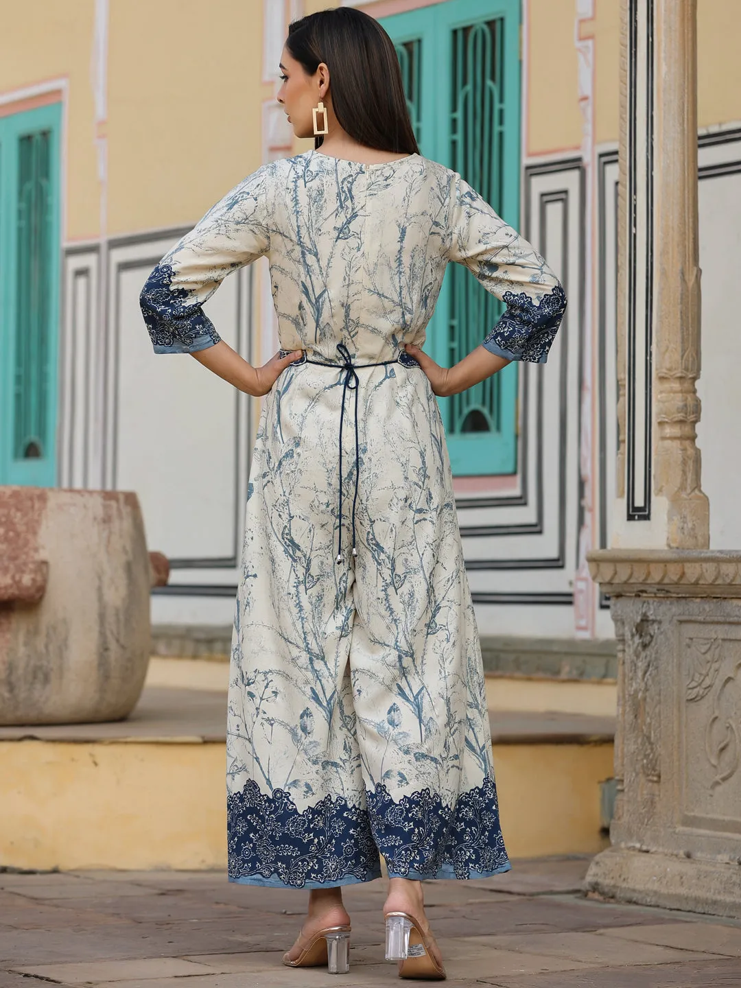 Jashvi Off-White Floral Printed Rayon Jumpsuit With Thread Embroidery