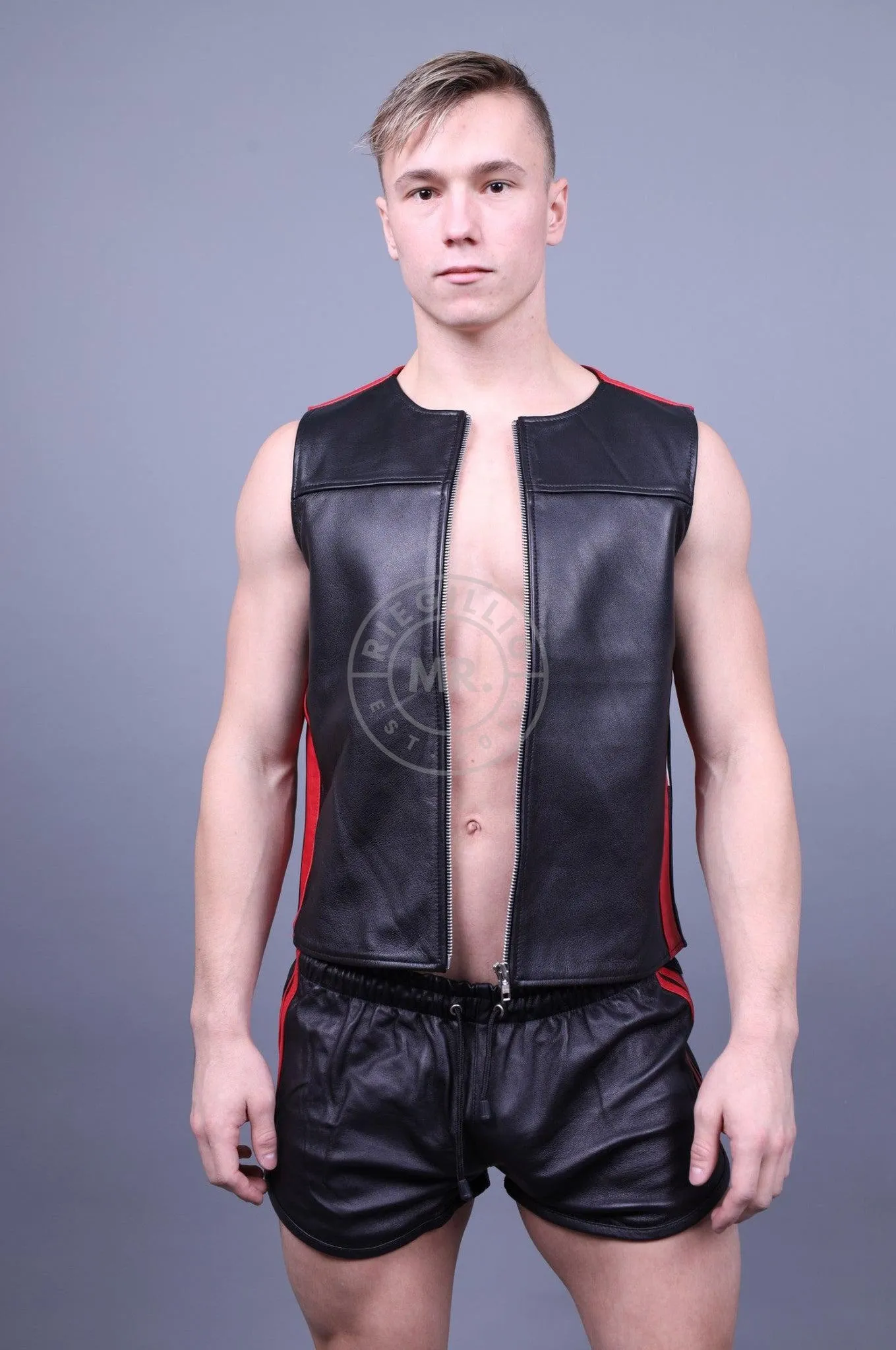 Leather Zipper Vest - Red Panels