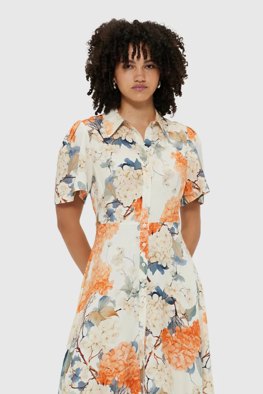 Leo Lin Becca Short Sleeve Midi Dress - Hydrangea Print in Vanilla