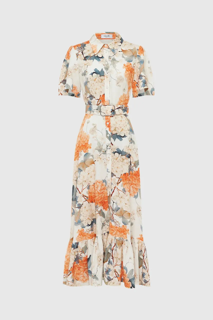 Leo Lin Becca Short Sleeve Midi Dress - Hydrangea Print in Vanilla