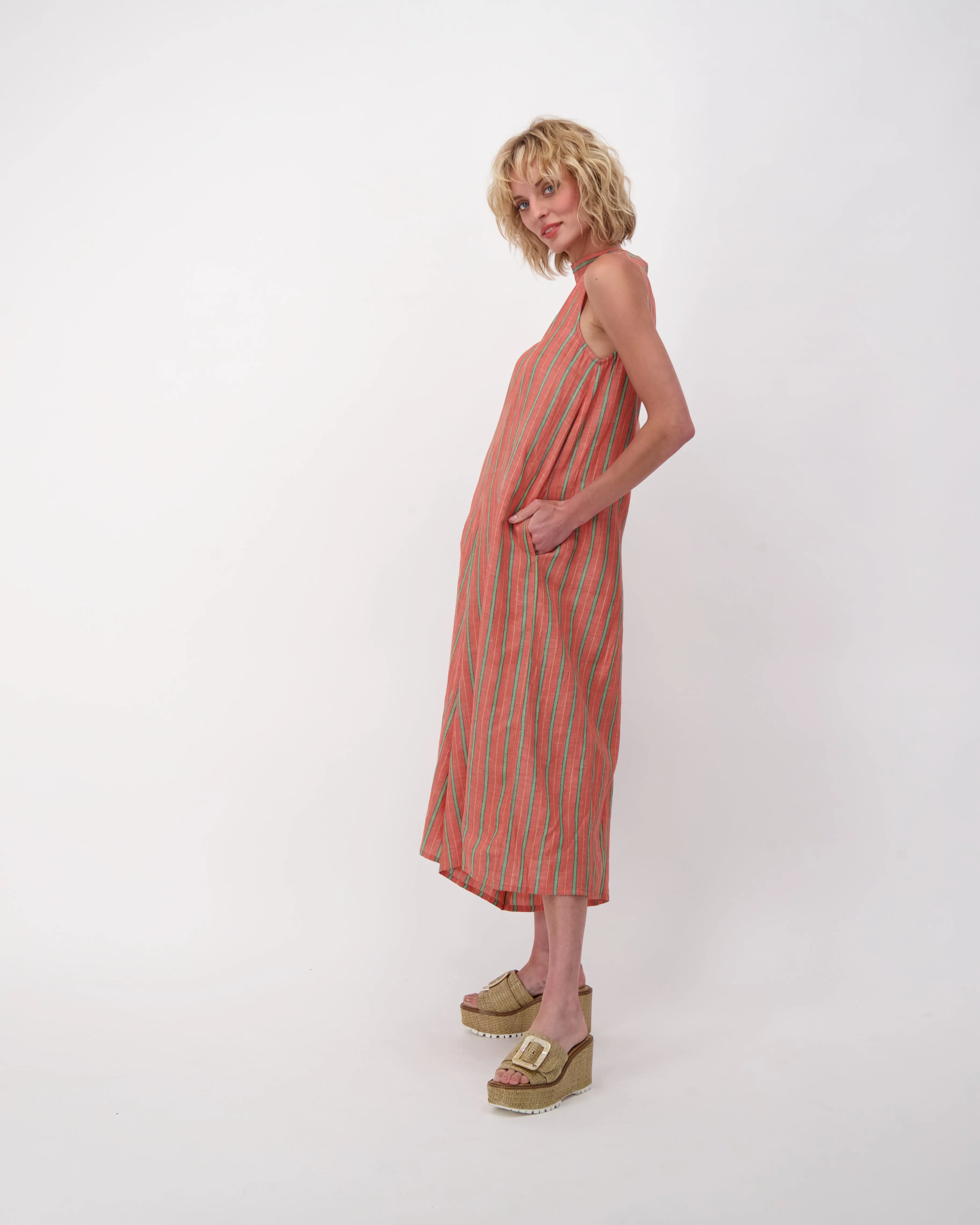 Linen Blend Jumpsuit, Yarn Dyed Stripes