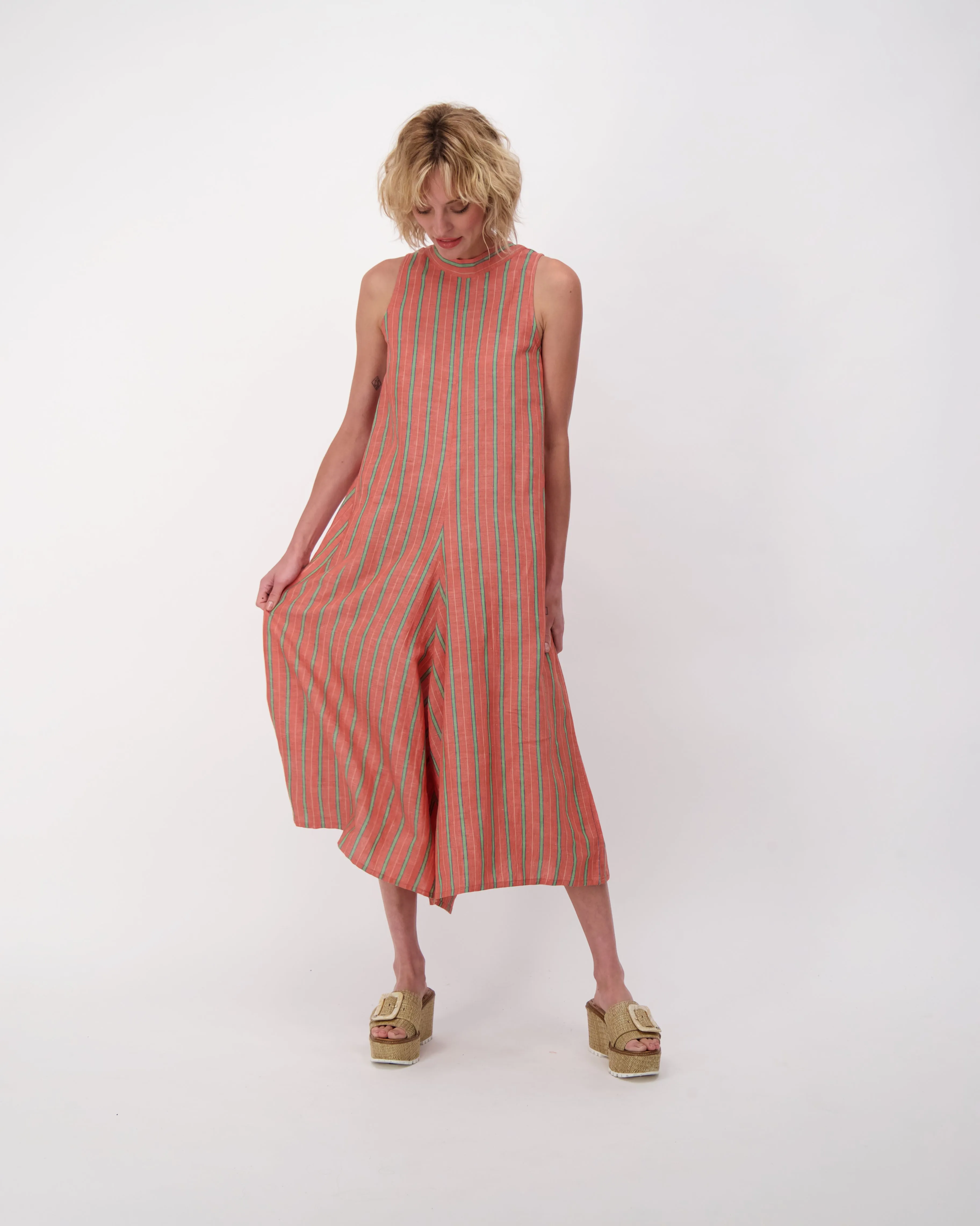 Linen Blend Jumpsuit, Yarn Dyed Stripes