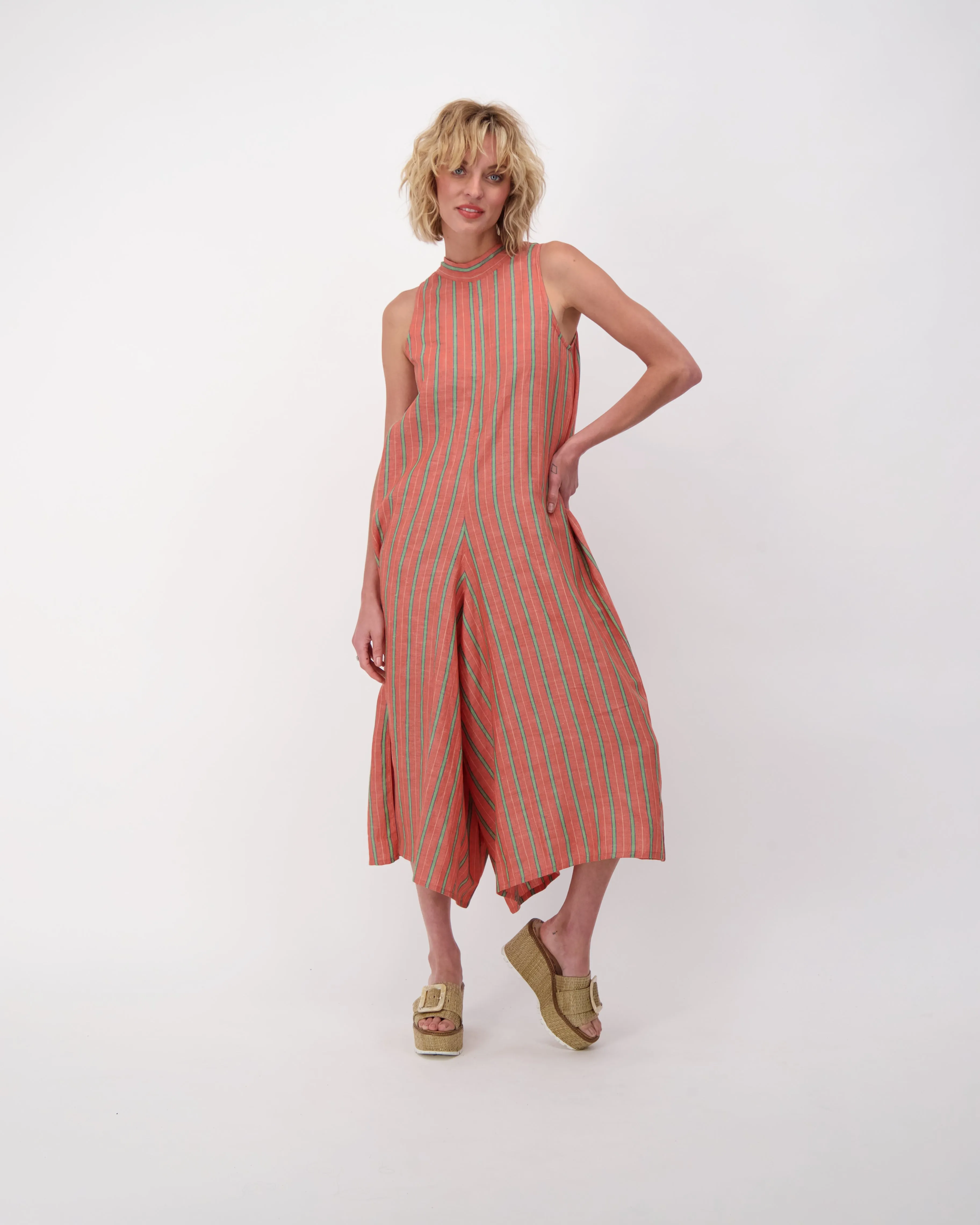 Linen Blend Jumpsuit, Yarn Dyed Stripes