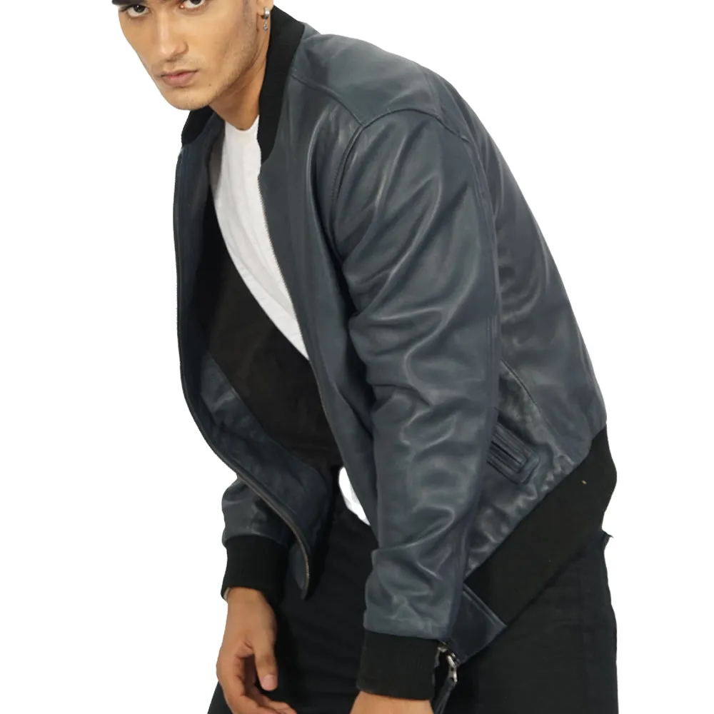 Masako Blue Leather Bomber Jacket