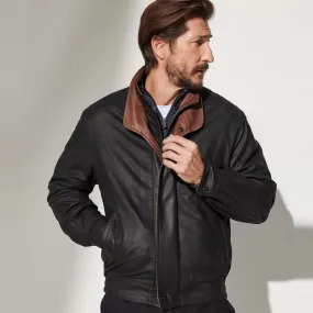 Men's Black Sheepskin Leather Bomber Jacket with Brown Lining