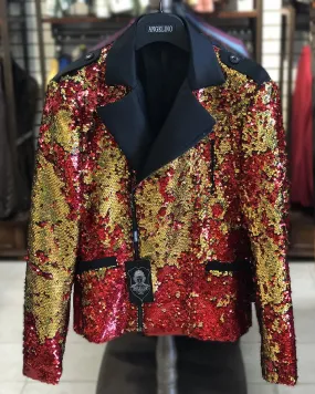 Men's Fashion Jacket - Biker Jacket - Sequin Red/Gold