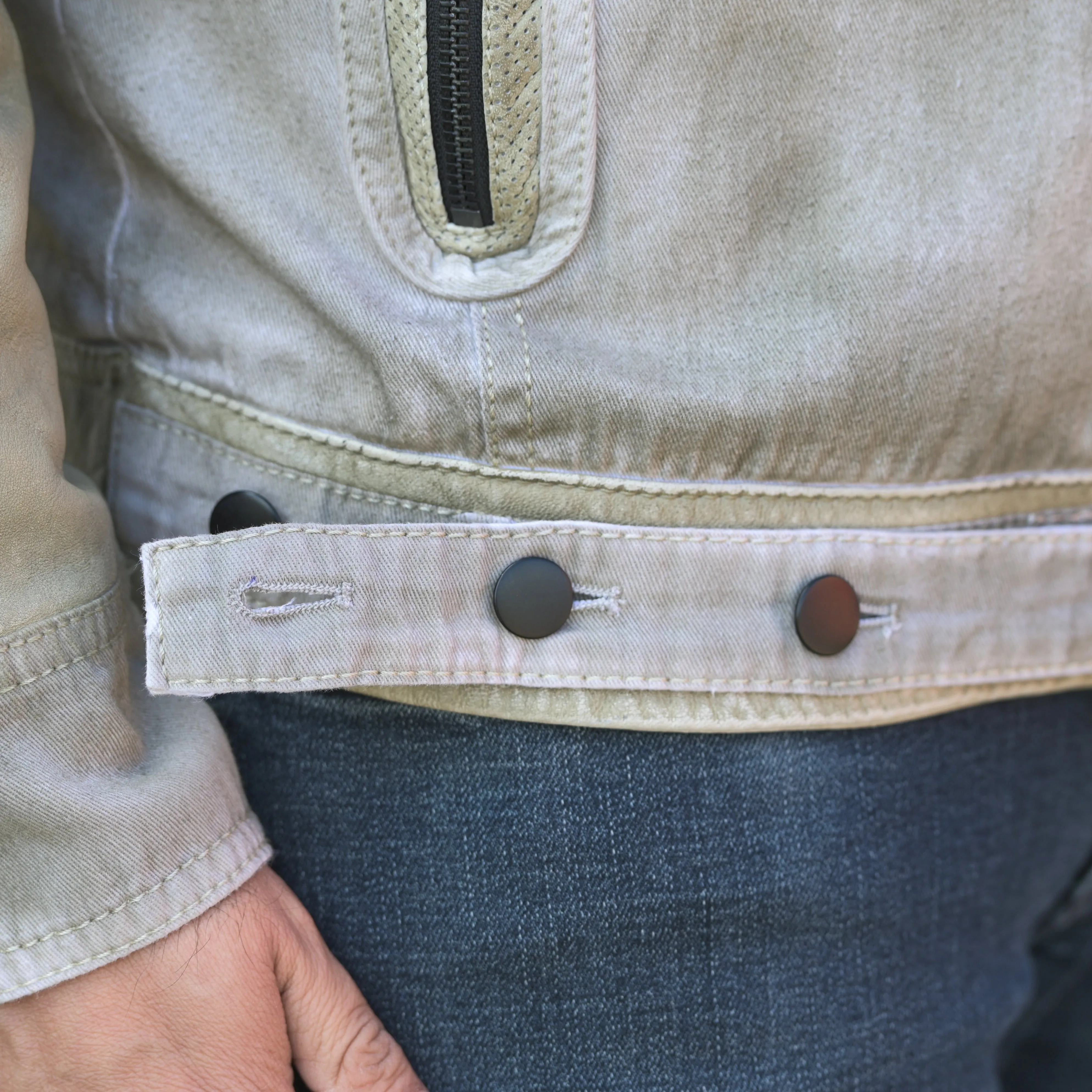 Men's Leather and Twill Jacket with Patches and Four Zip Pockets