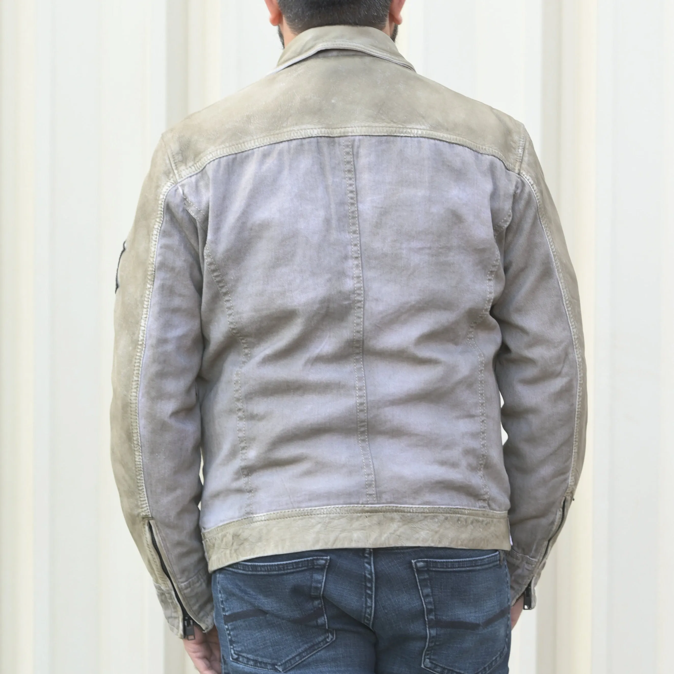 Men's Leather and Twill Jacket with Patches and Four Zip Pockets