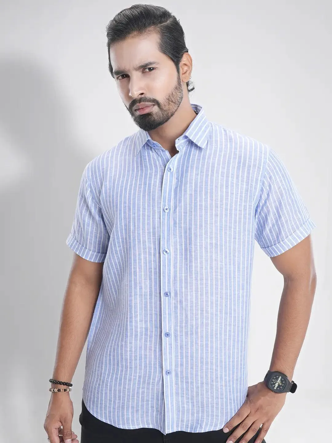 Men's Short Sleeve Casual Shirt in Light Sky Stripe