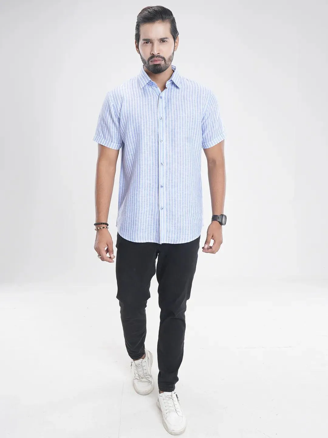 Men's Short Sleeve Casual Shirt in Light Sky Stripe