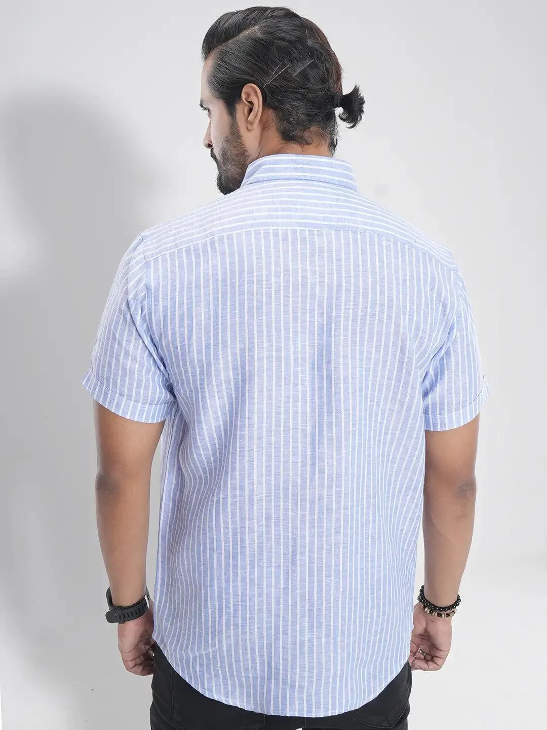 Men's Short Sleeve Casual Shirt in Light Sky Stripe