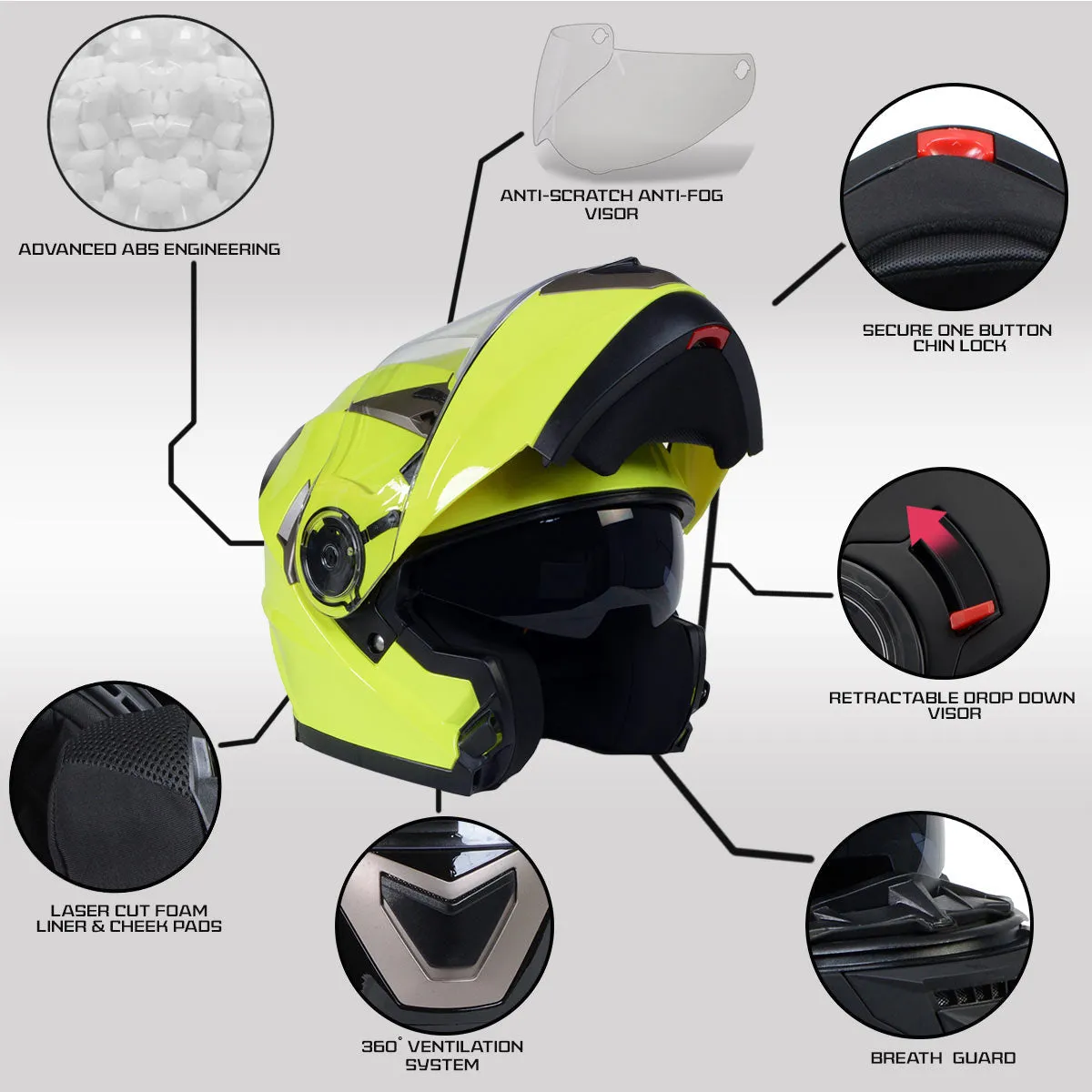 Milwaukee Helmets MPH9809DOT 'Ionized' Neon Yellow Modular Helmet for Men and Women Biker w/ MP7922FMSET Heated Balaclava Bundle