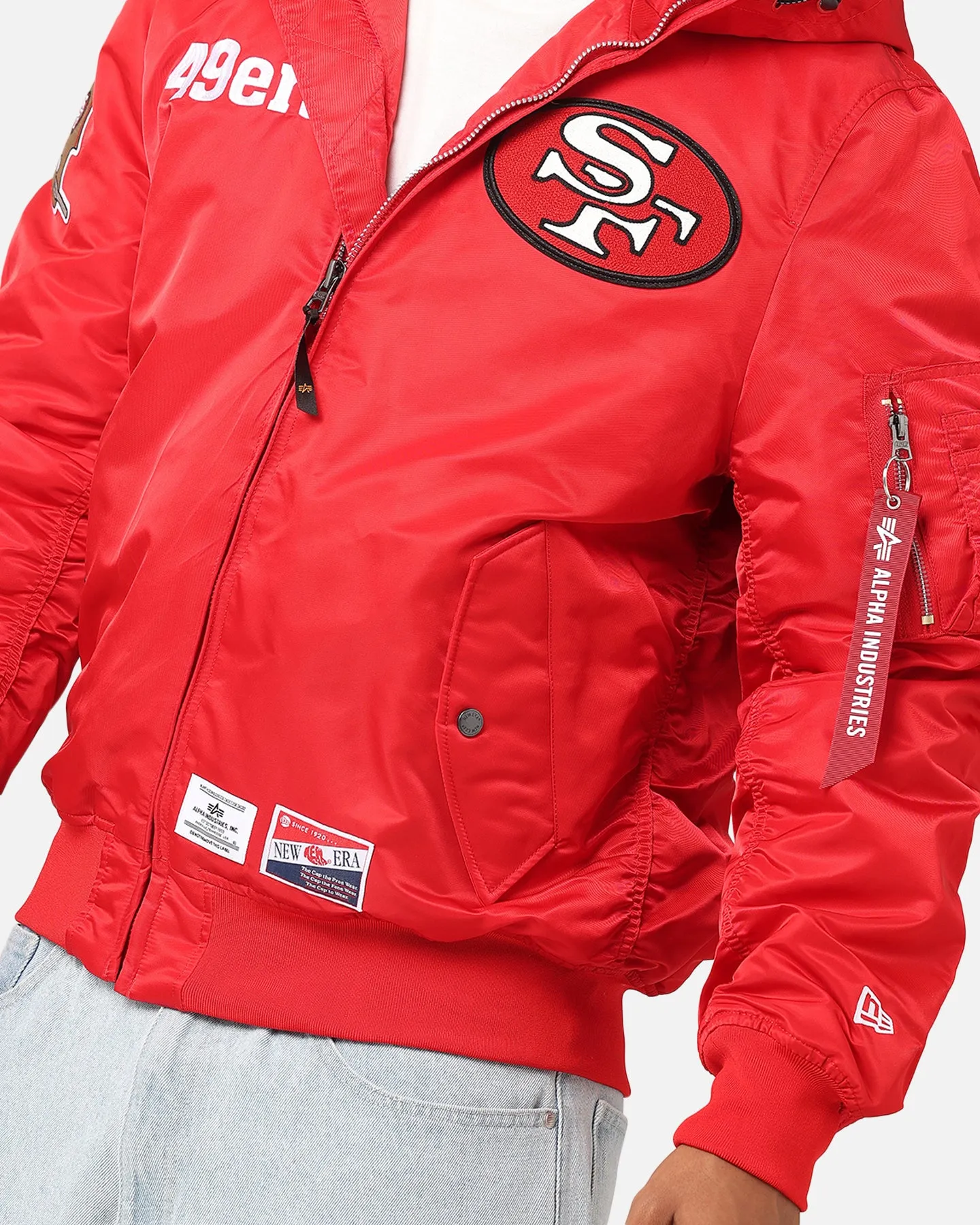 New Era San Francisco 49ers Alpha Industries L-2B Hooded Bomber Jacket Red