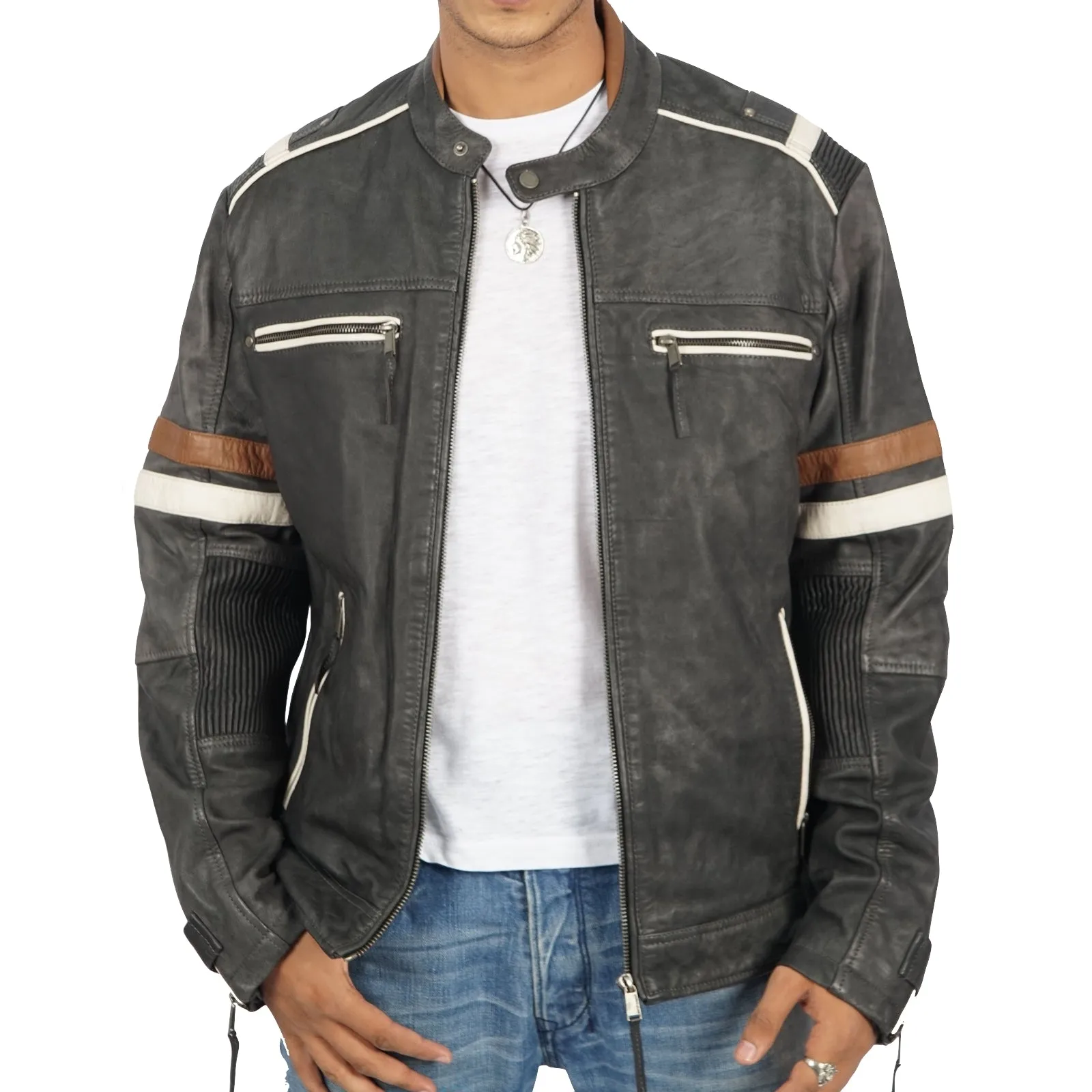 Noah Bomber Grey Biker Leather Jacket