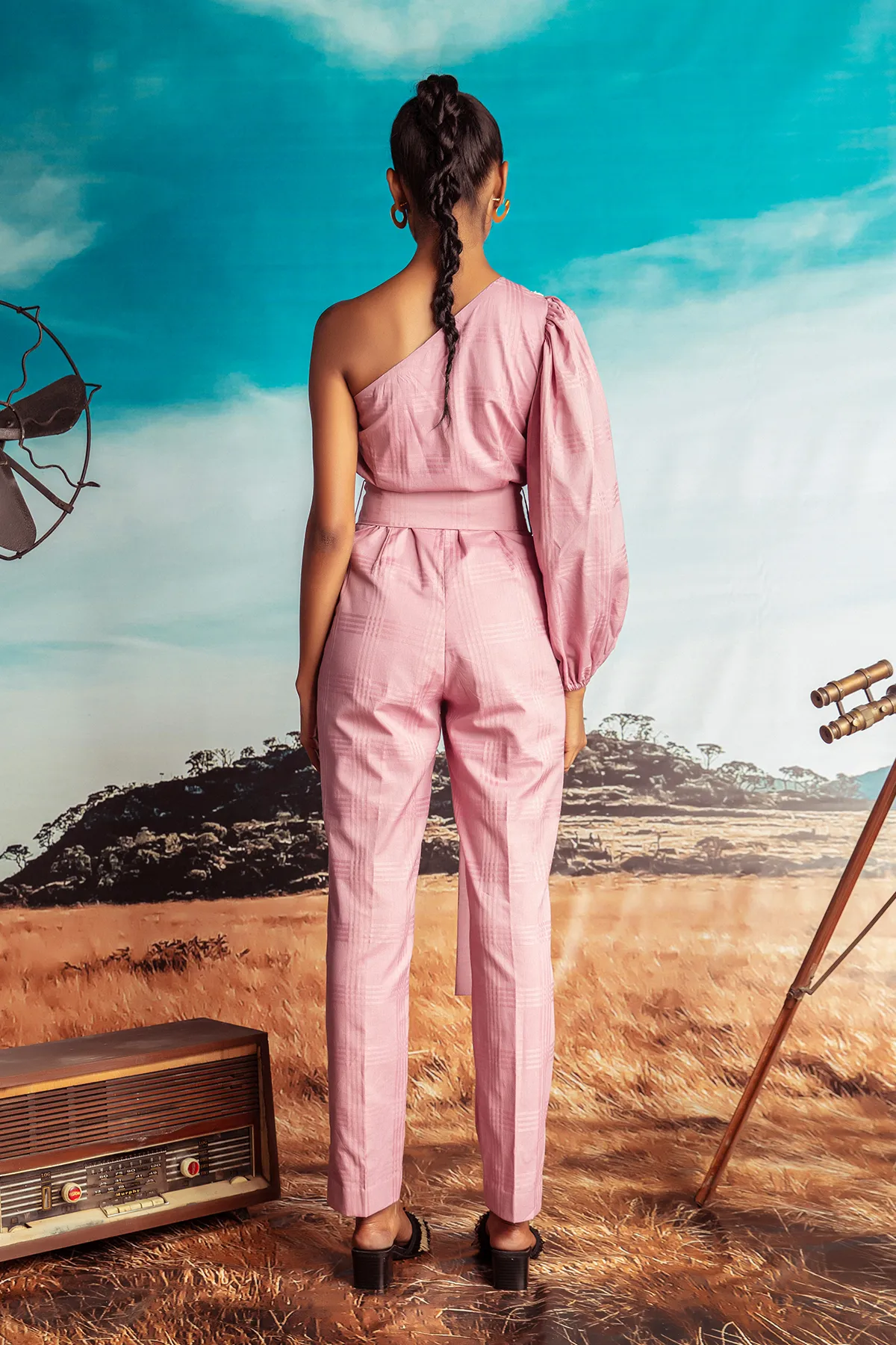 One-shouldered Dust Pink Printed Cotton Jumpsuit and Belt