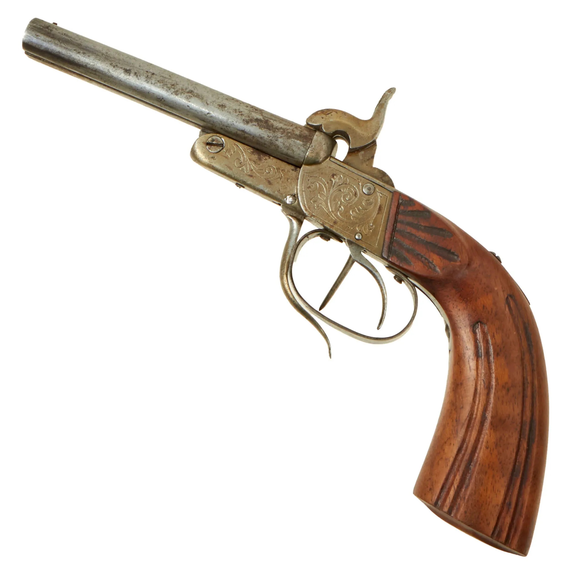 Original British Victorian Era Belgian Style 7mm Pinfire Double Barrel Pistol with Tip-Up Break Action - Circa 1855