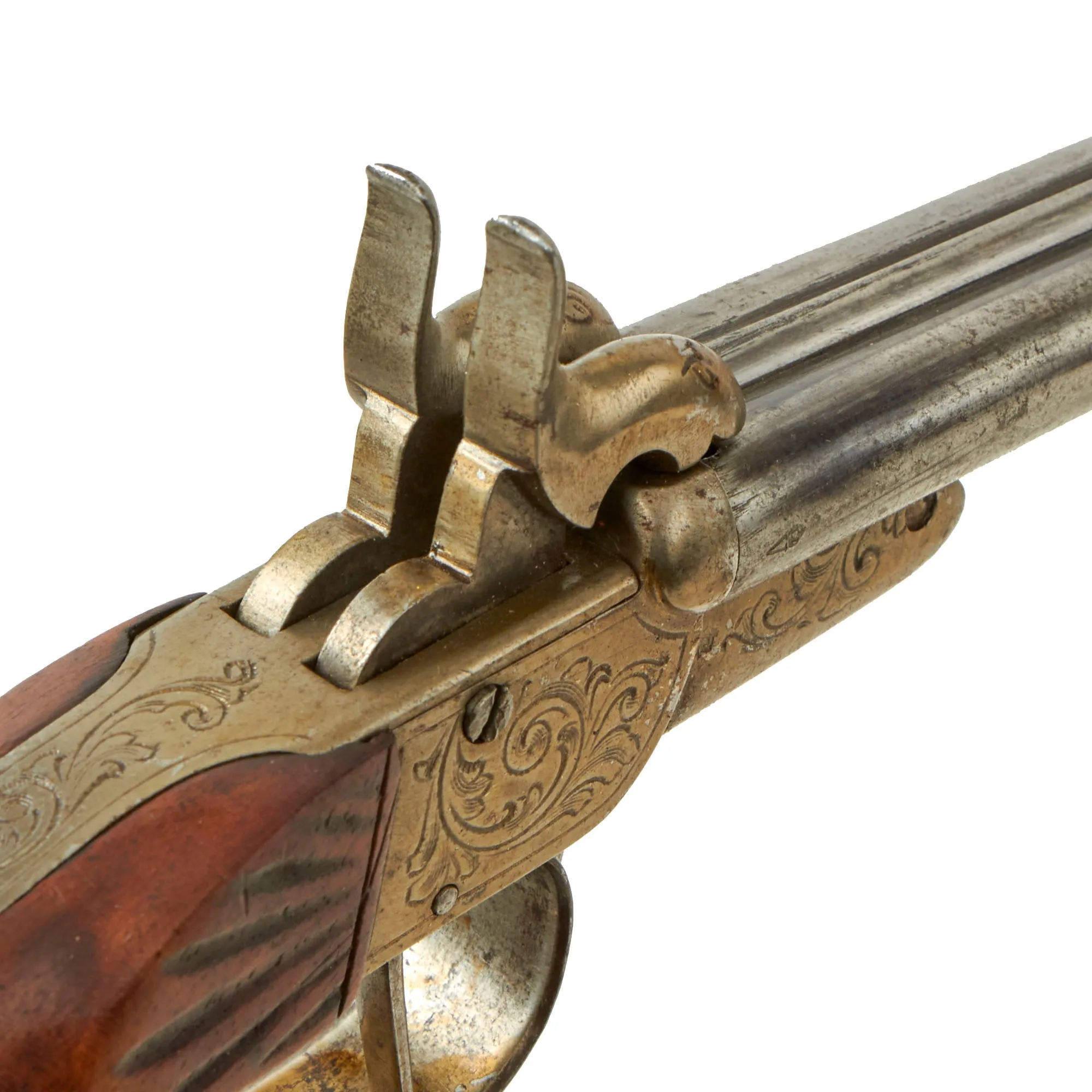 Original British Victorian Era Belgian Style 7mm Pinfire Double Barrel Pistol with Tip-Up Break Action - Circa 1855