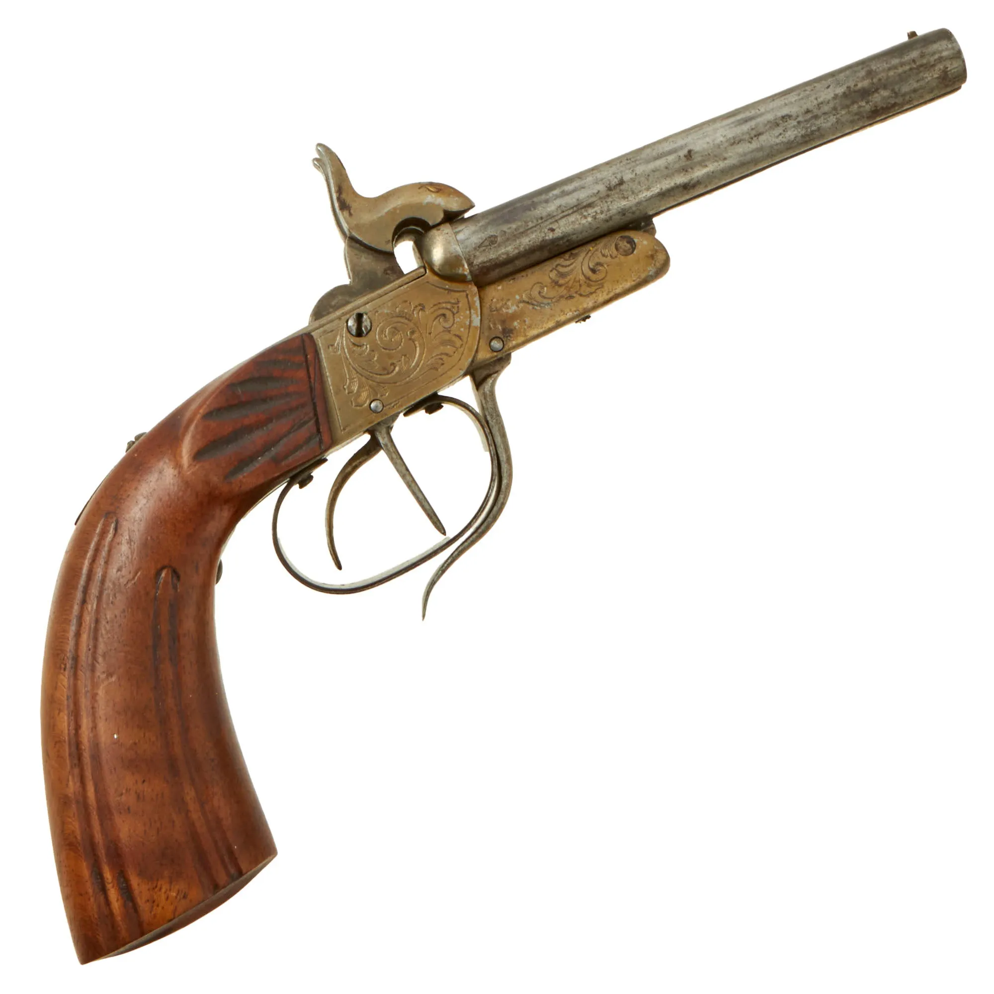 Original British Victorian Era Belgian Style 7mm Pinfire Double Barrel Pistol with Tip-Up Break Action - Circa 1855