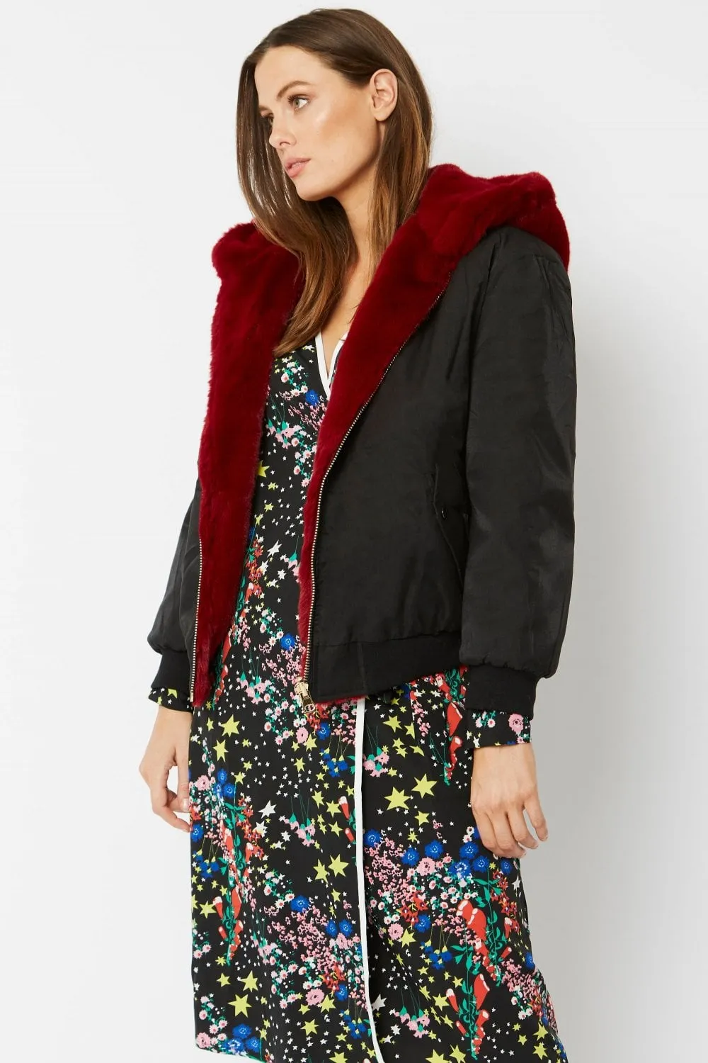 Perla Faux Fur Reversible Hooded Bomber Jacket