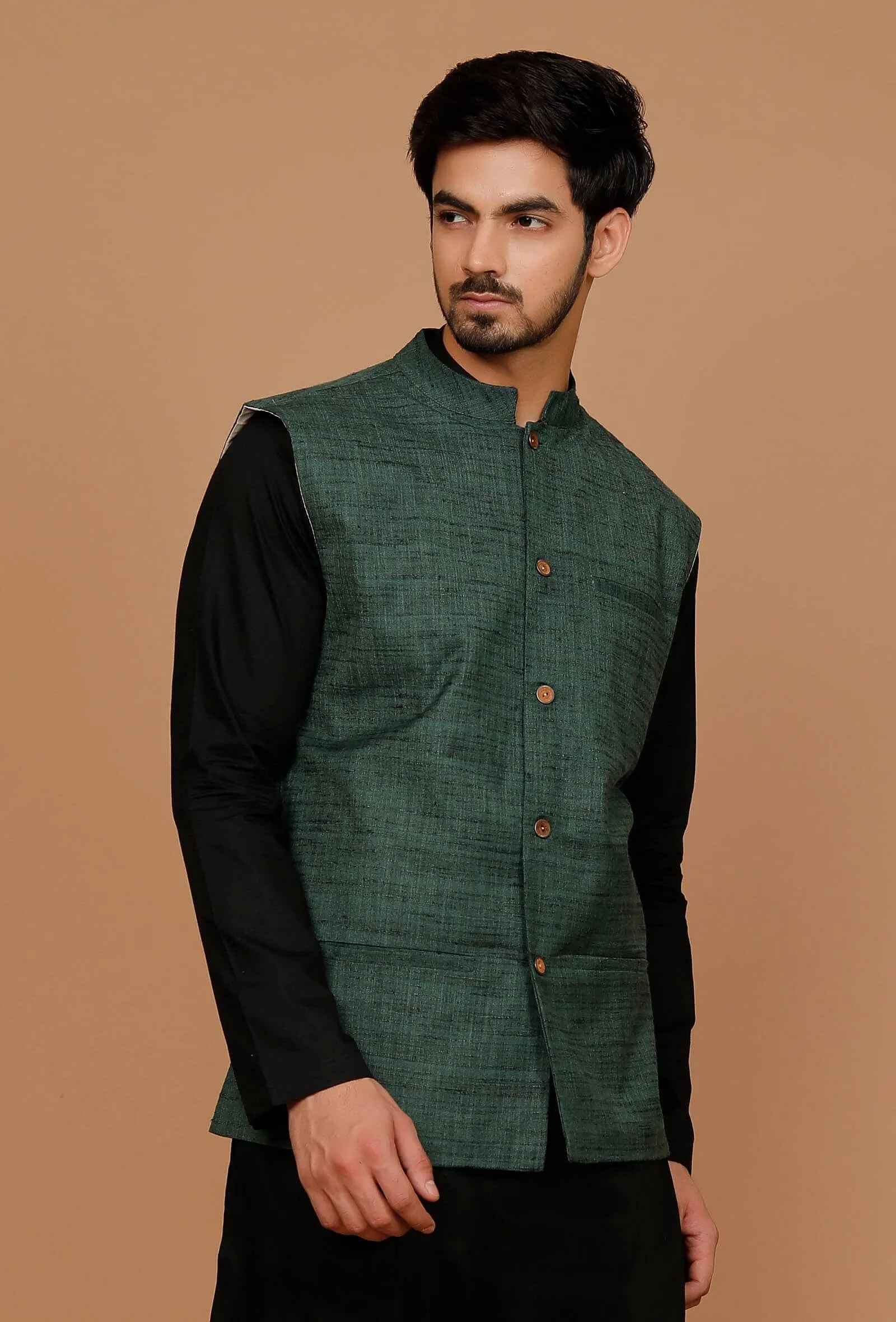 Pine Green Matka Silk Nehru Jacket