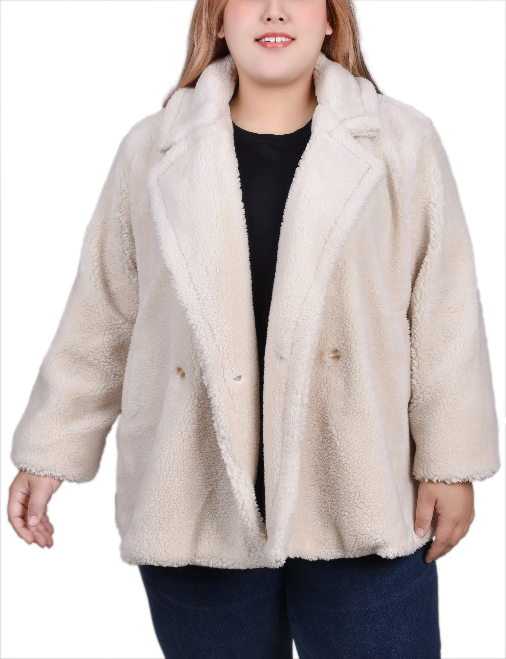 Plus Size Long Sleeve Double Breasted Sherpa Jacket