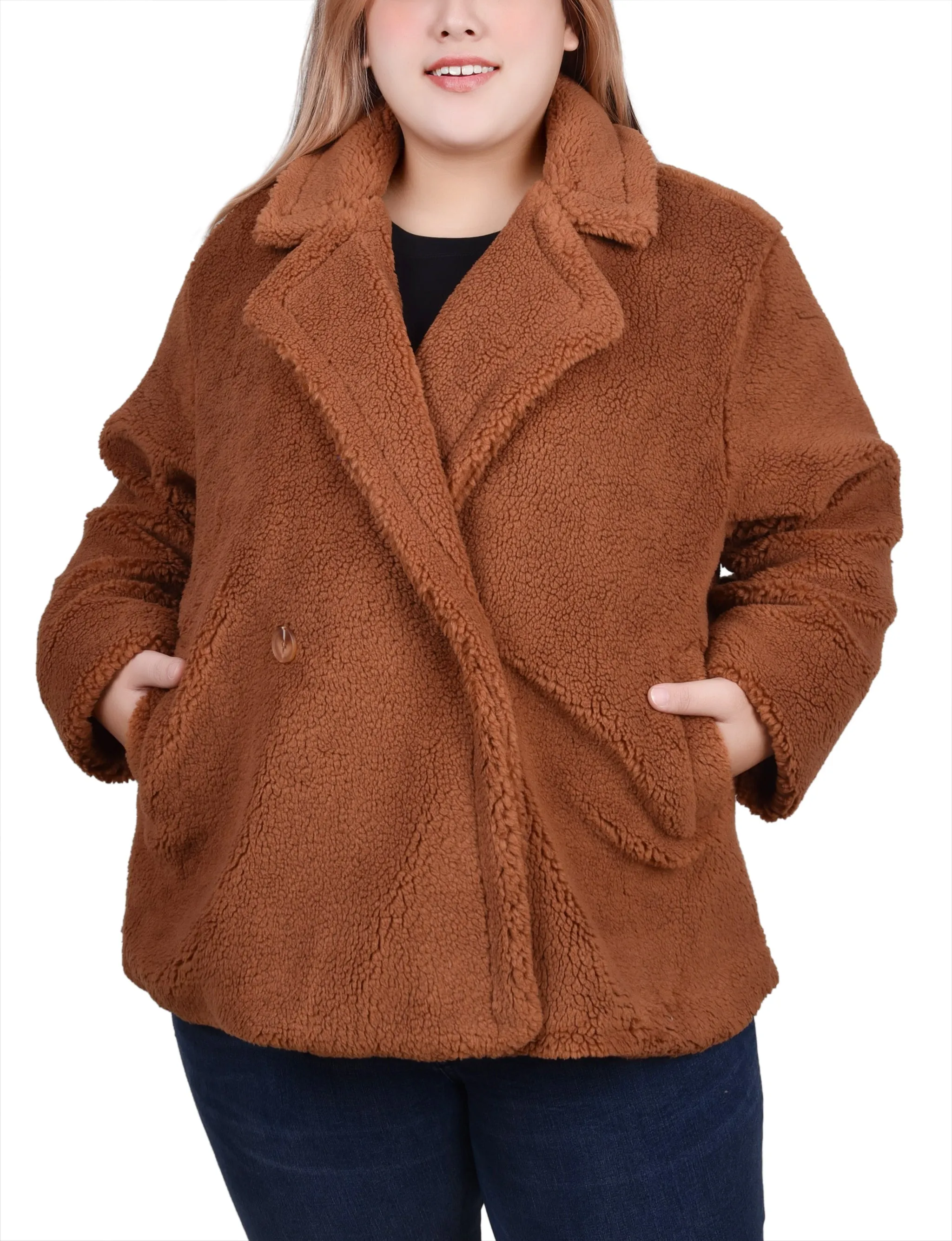 Plus Size Long Sleeve Double Breasted Sherpa Jacket