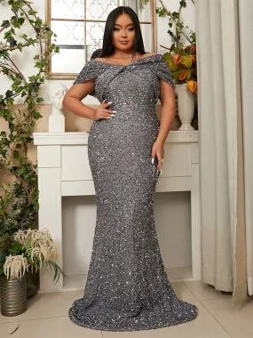 Plus Size Off Shoulder Backless Sequin Mermaid Evening Dress PWY108