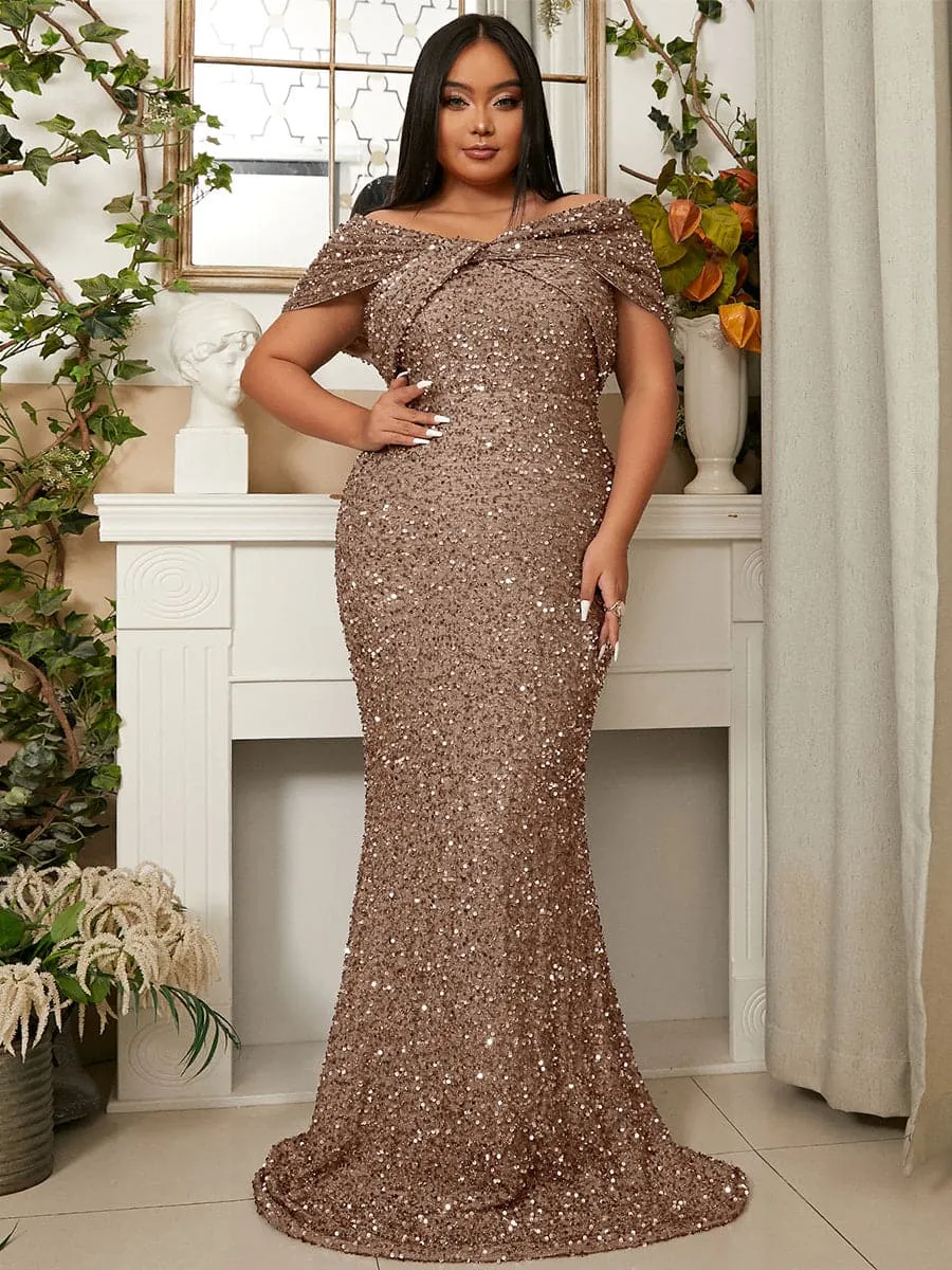 Plus Size Off Shoulder Backless Sequin Mermaid Evening Dress PWY108