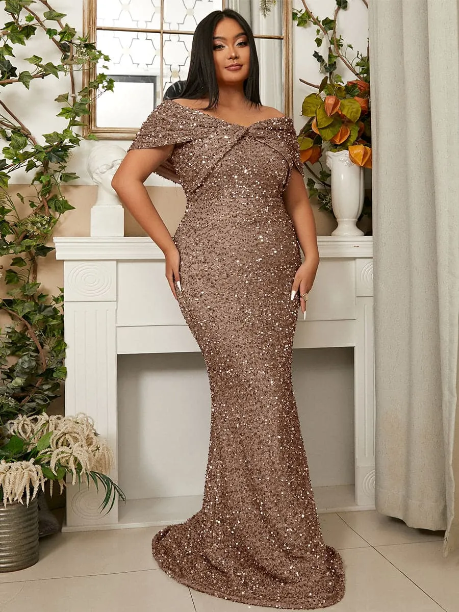 Plus Size Off Shoulder Backless Sequin Mermaid Evening Dress PWY108