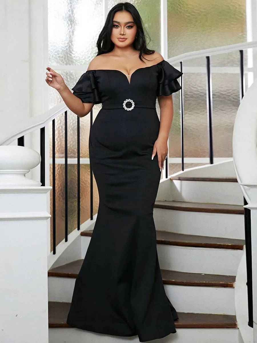 Plus Size Off Shoulder Lotus Sleeve Black Mermaid Evening Dress PWY111